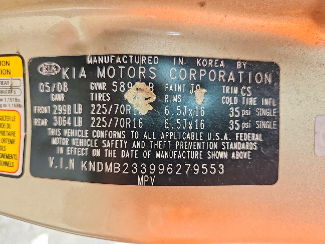 2009 Kia Sedona Lx Gold vin: KNDMB233996279553