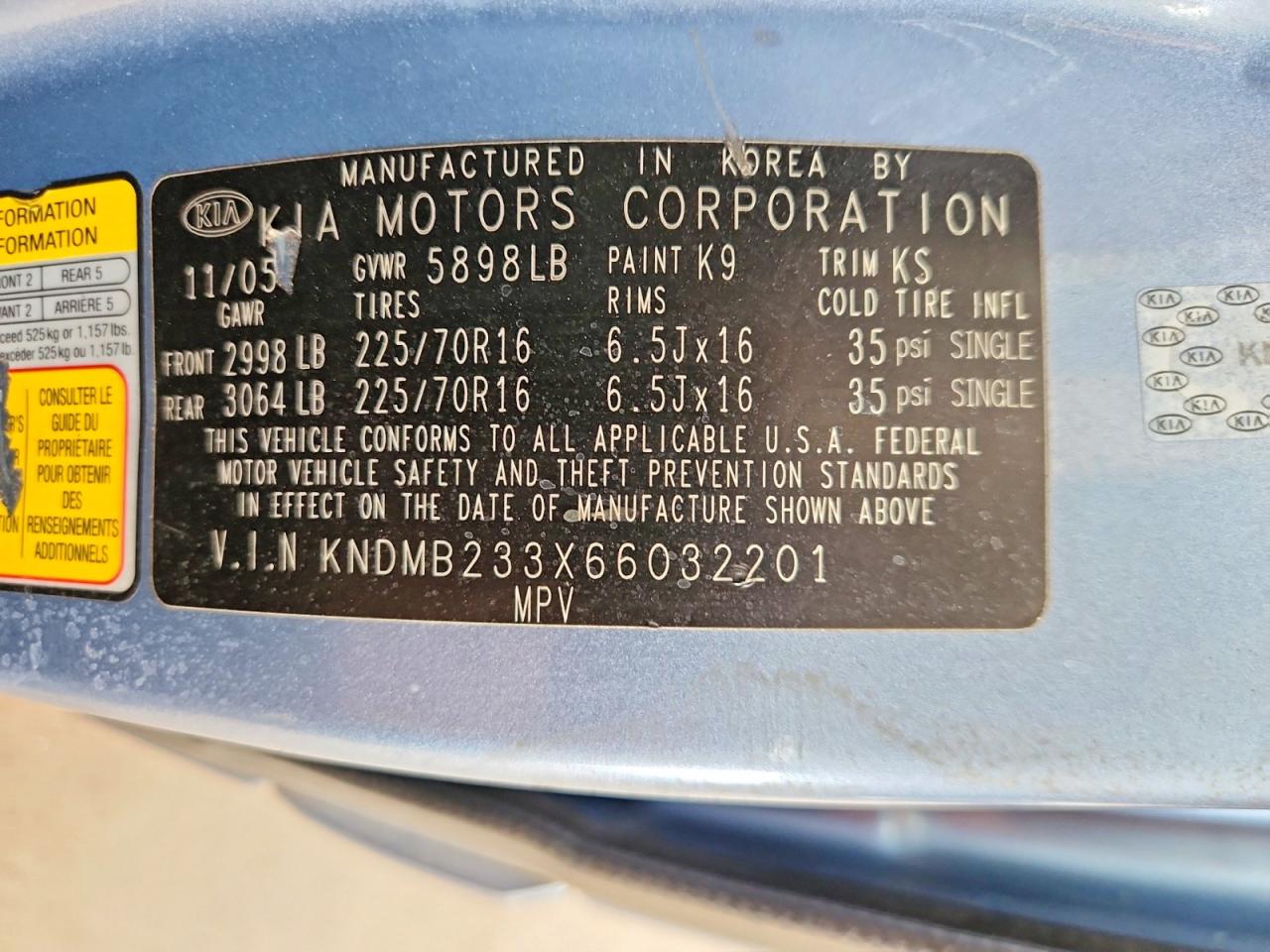2006 Kia Sedona Lx Blue vin: KNDMB233X66032201