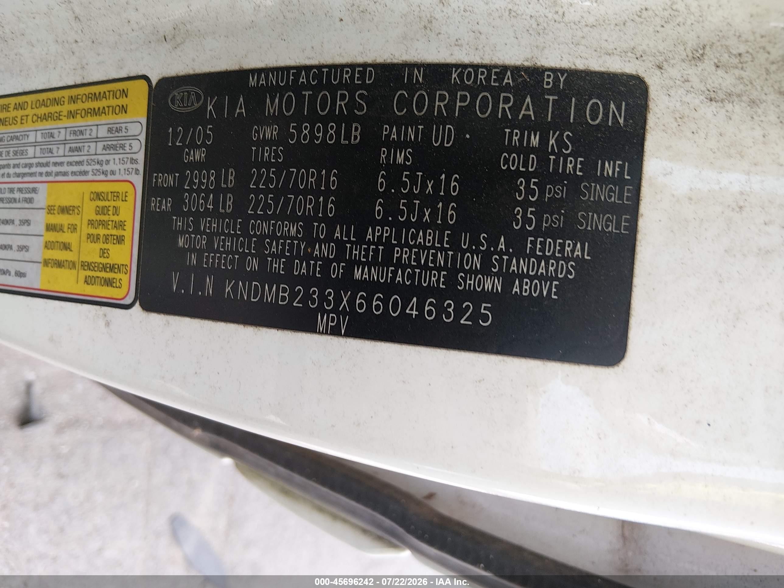 2006 Kia Sedona Ex/lx White vin: KNDMB233X66046325