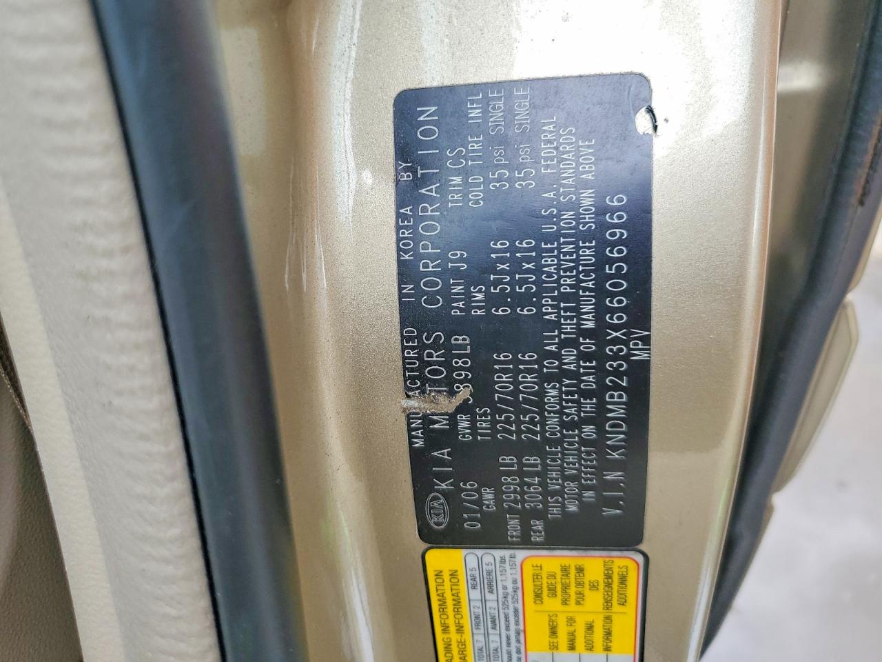 2006 Kia Sedona Lx Gold vin: KNDMB233X66056966