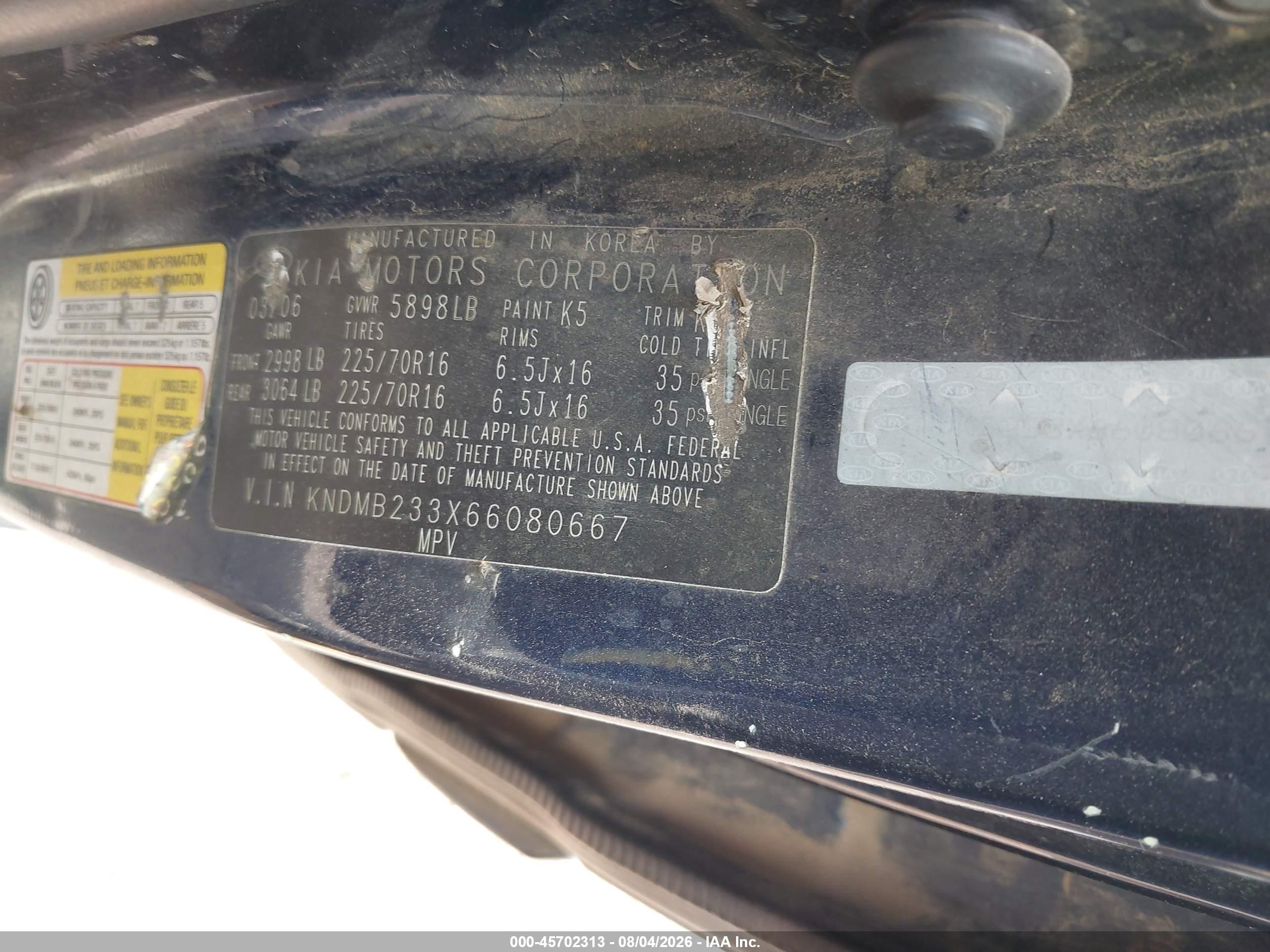 2006 Kia Sedona Ex/lx Blue vin: KNDMB233X66080667
