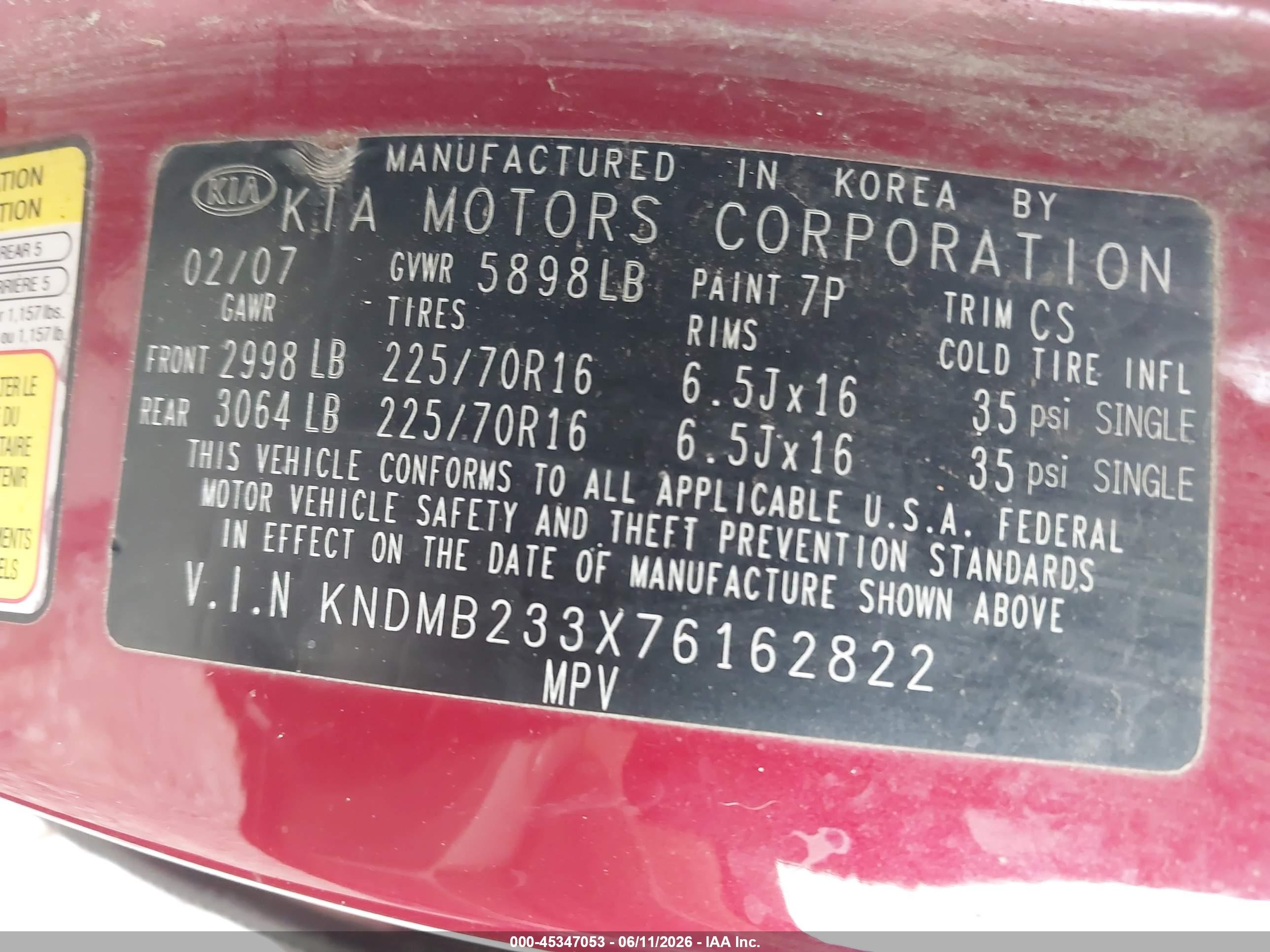 2007 Kia Sedona Lx Red vin: KNDMB233X76162822