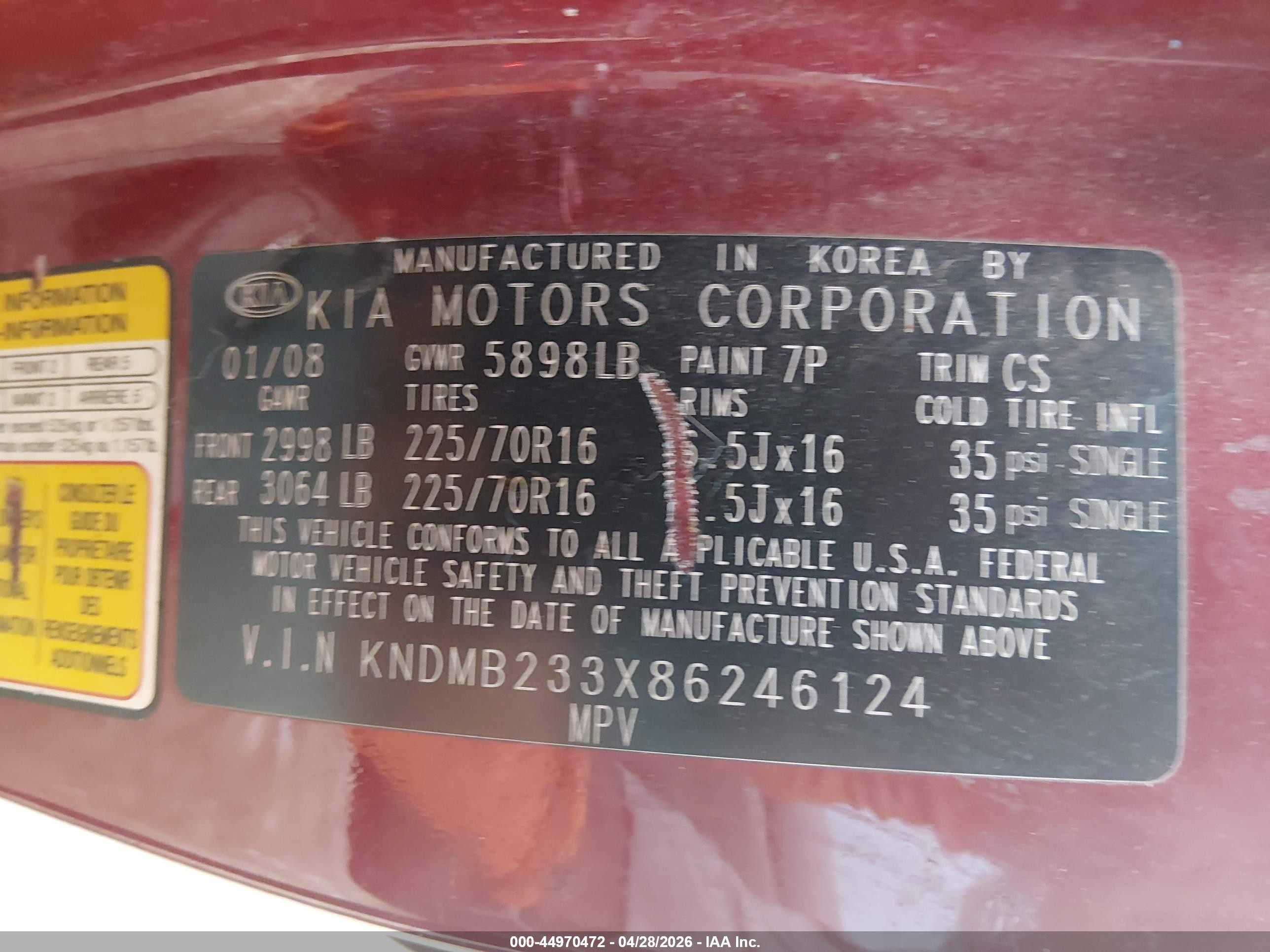 2008 Kia Sedona Lx Red vin: KNDMB233X86246124