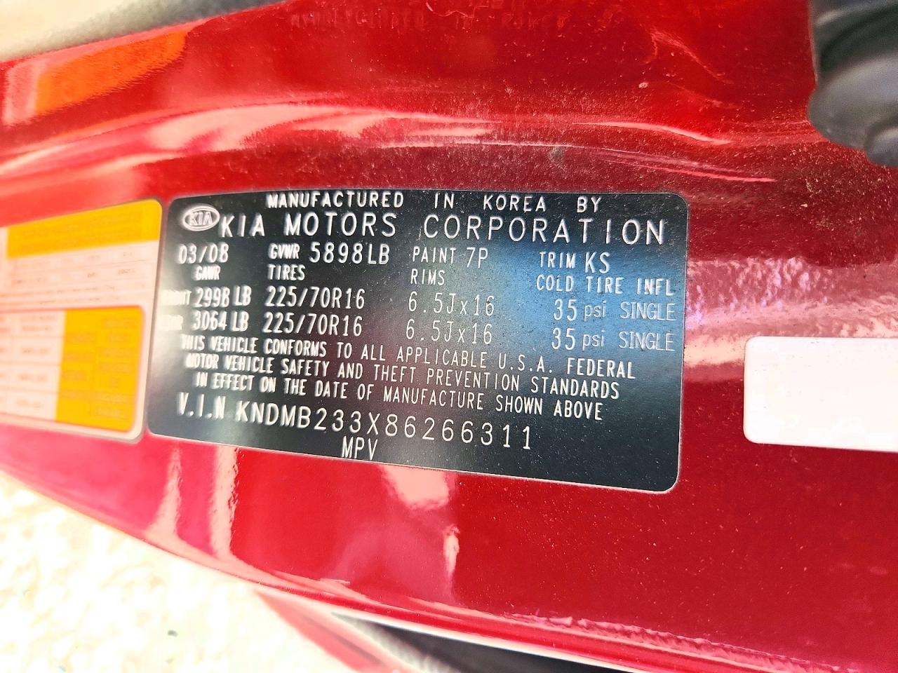 2008 Kia Sedona Lx Maroon vin: KNDMB233X86266311