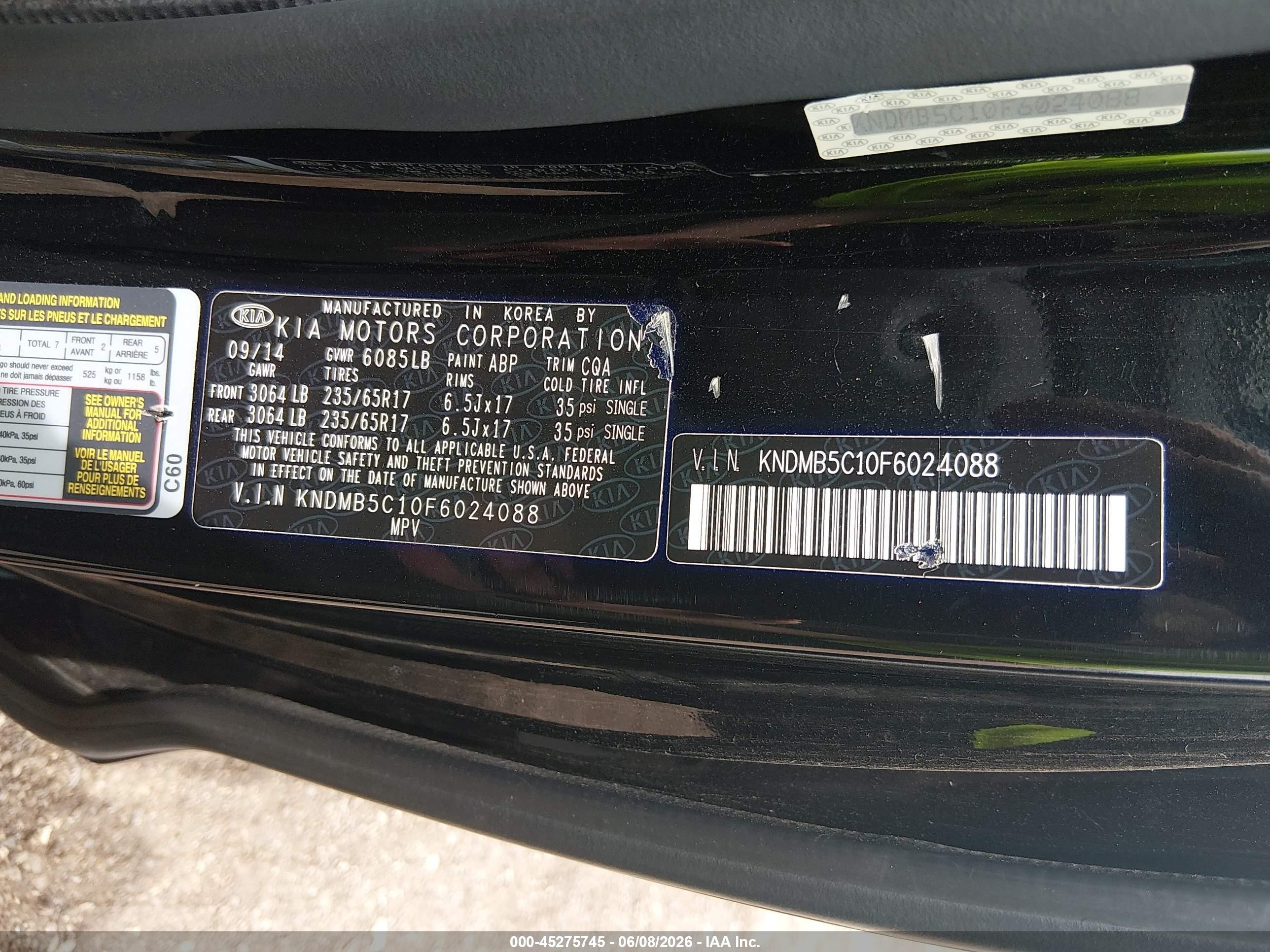 2015 Kia Sedona Lx Black vin: KNDMB5C10F6024088