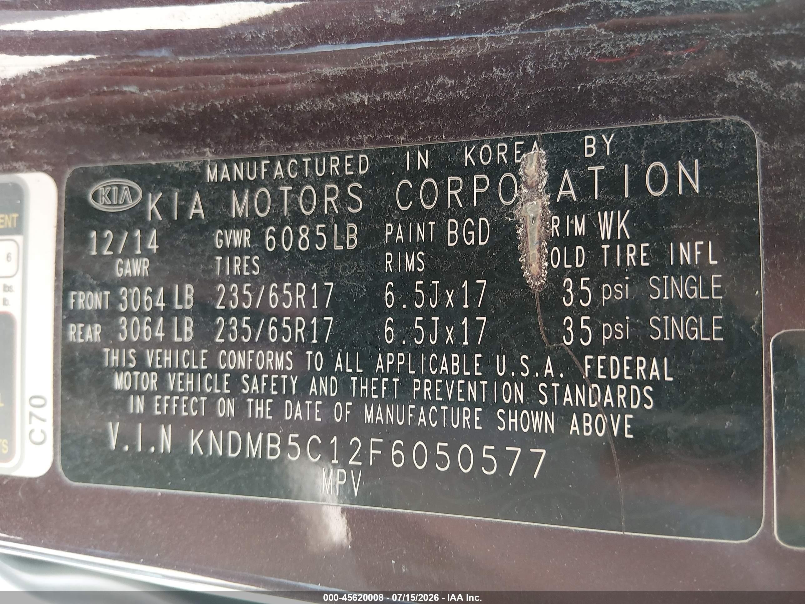 2015 Kia Sedona Lx Burgundy vin: KNDMB5C12F6050577