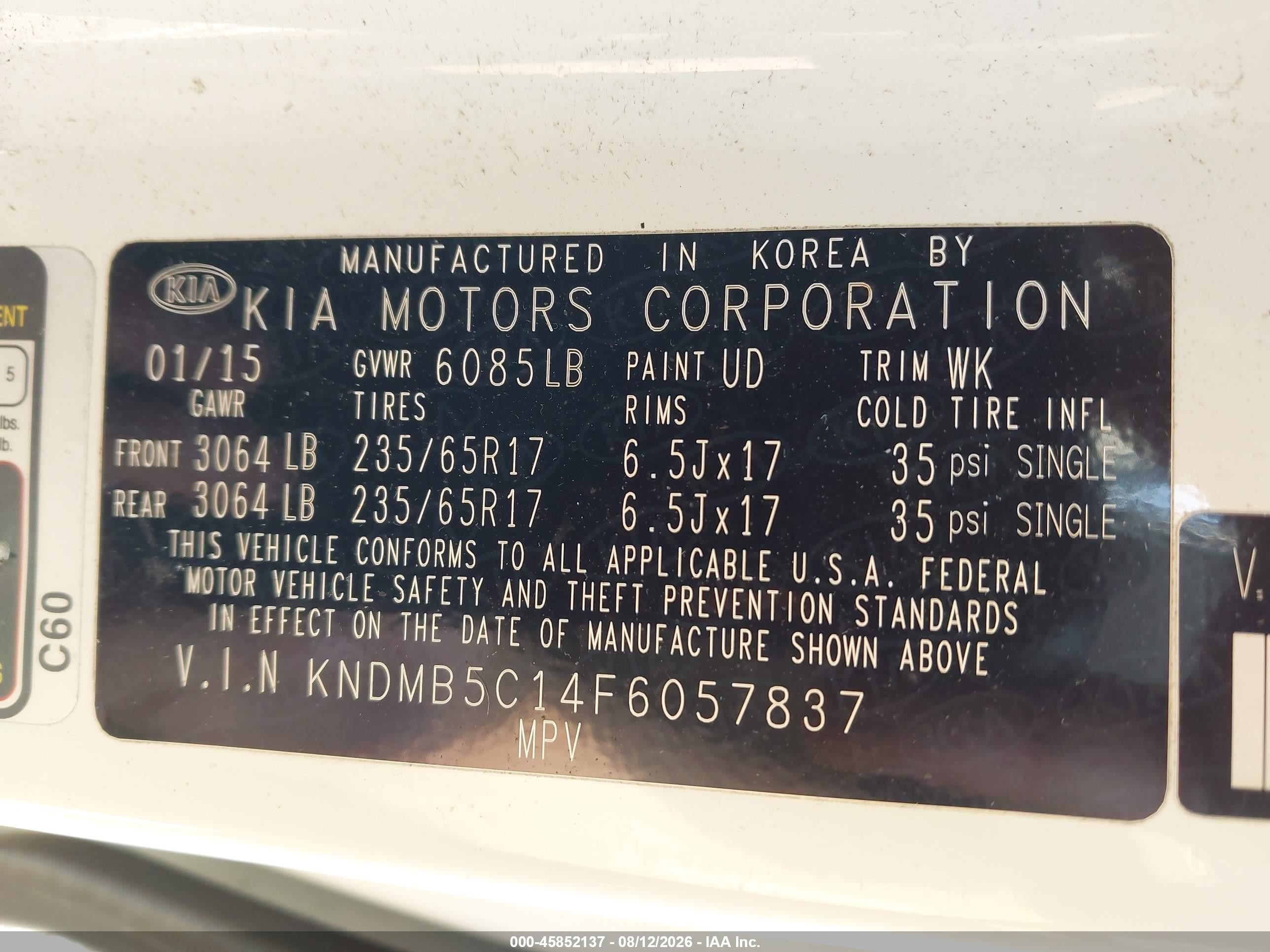 2015 Kia Sedona Lx White vin: KNDMB5C14F6057837