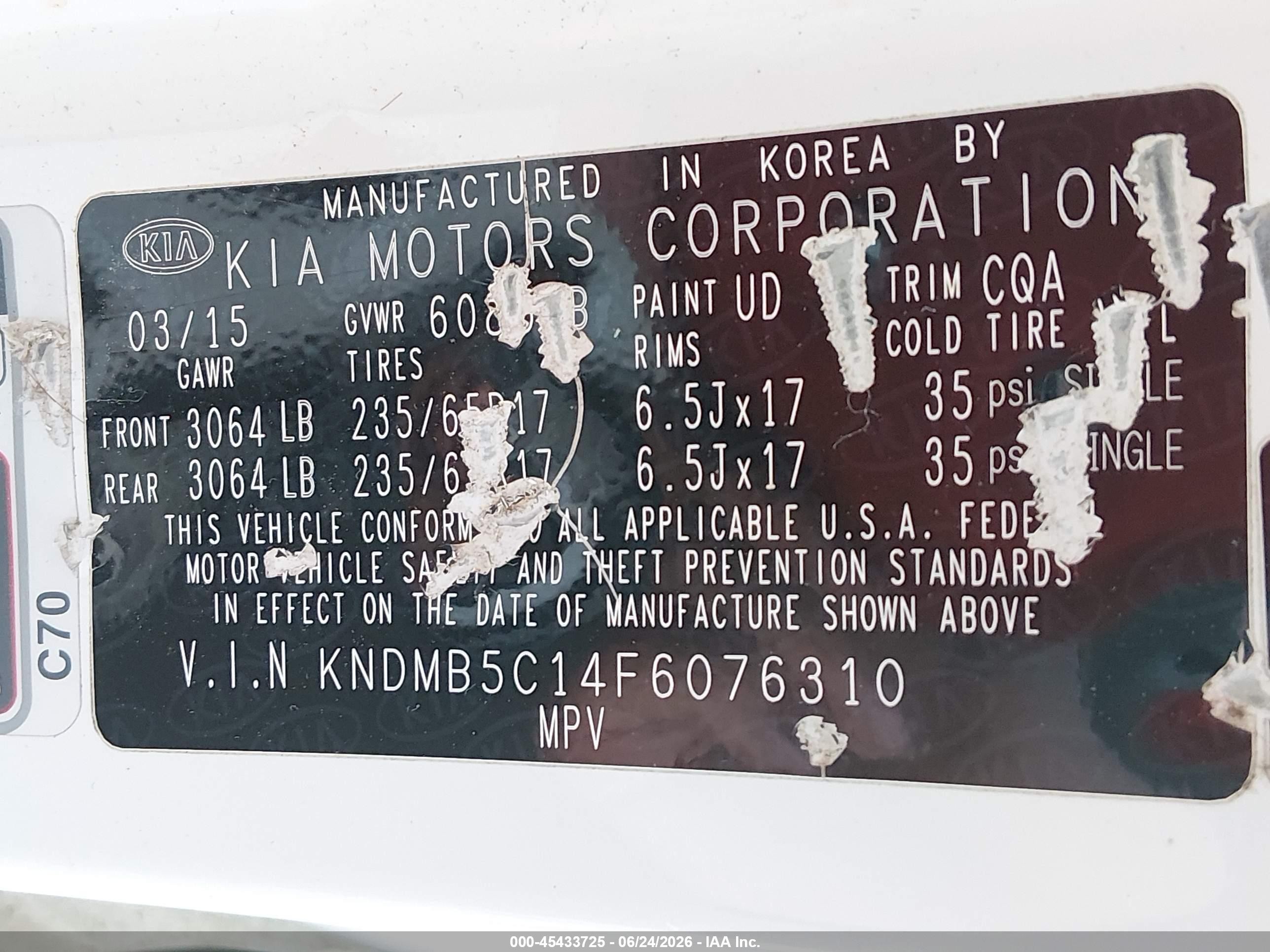 2015 Kia Sedona Lx White vin: KNDMB5C14F6076310