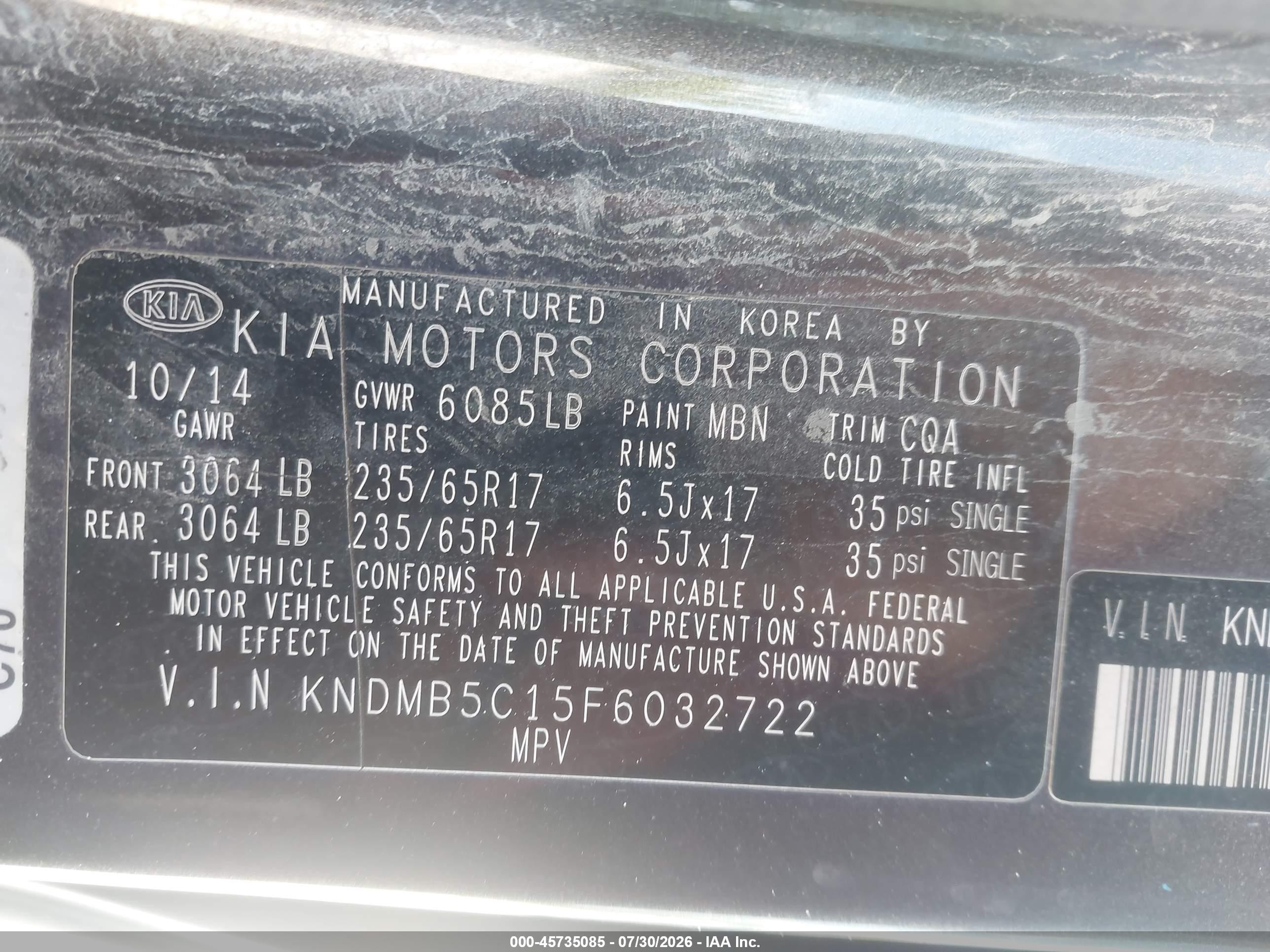2015 Kia Sedona Lx Burgundy vin: KNDMB5C15F6032722