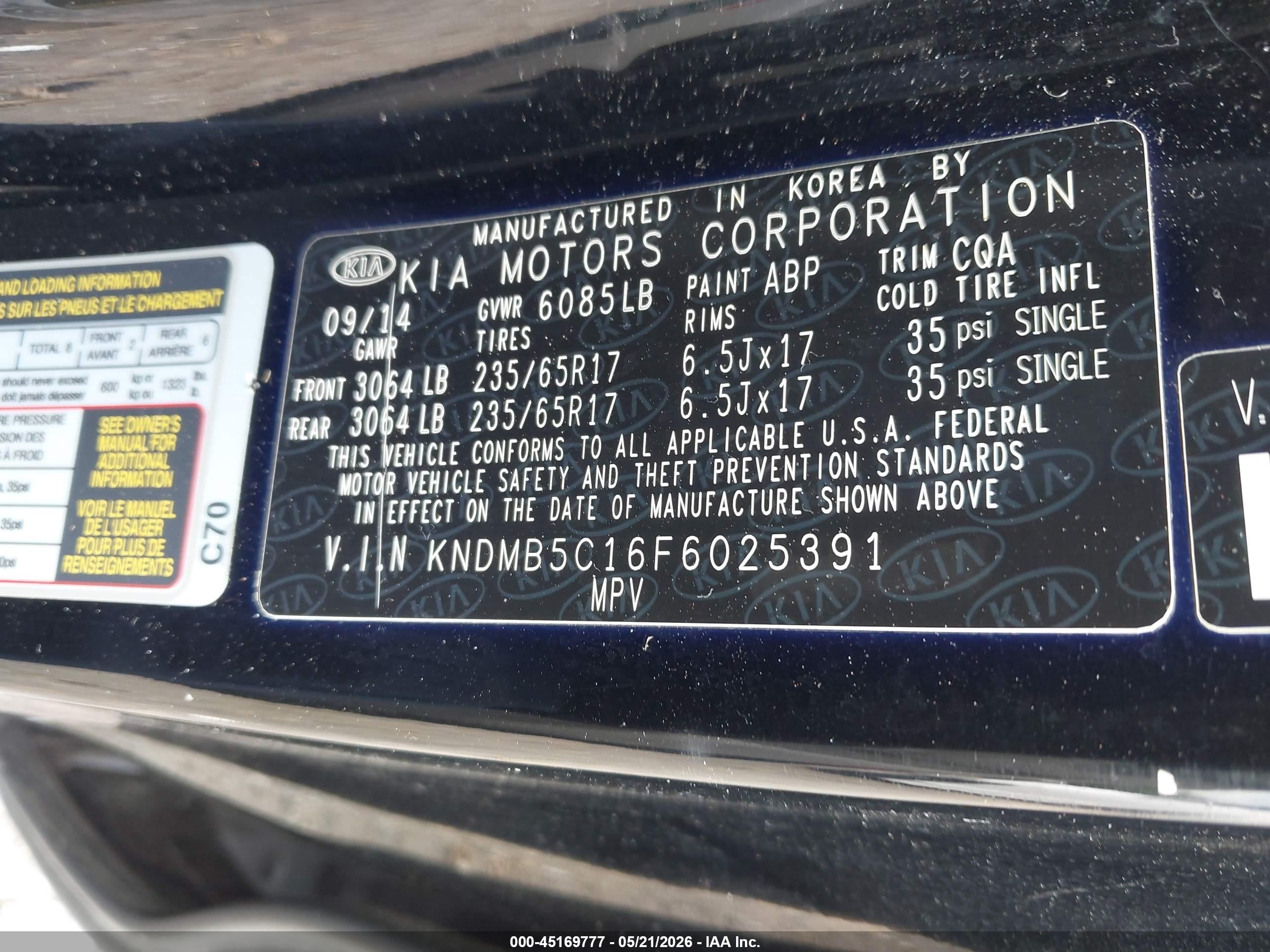 2015 Kia Sedona Lx Black vin: KNDMB5C16F6025391