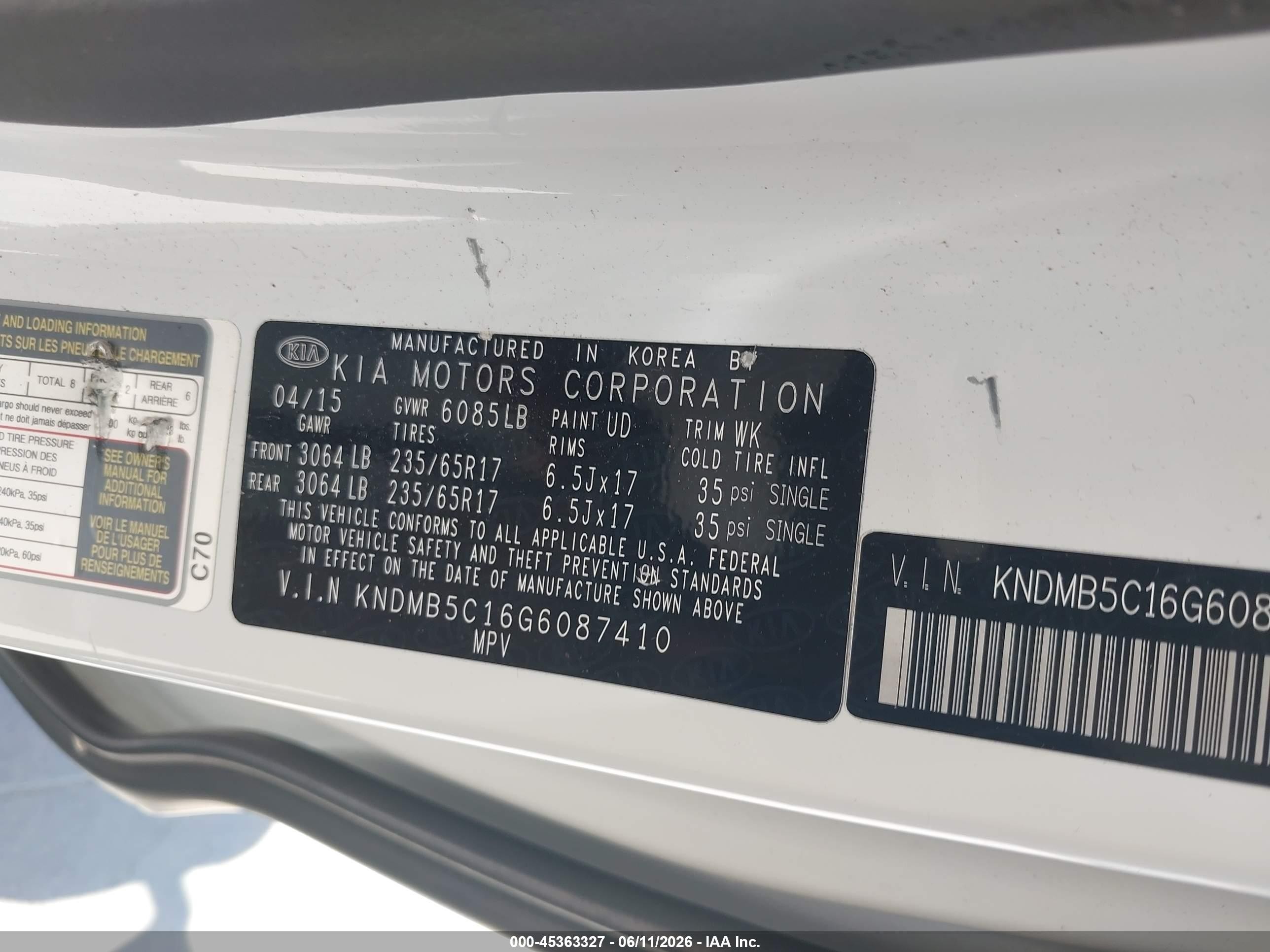 2016 Kia Sedona Lx White vin: KNDMB5C16G6087410
