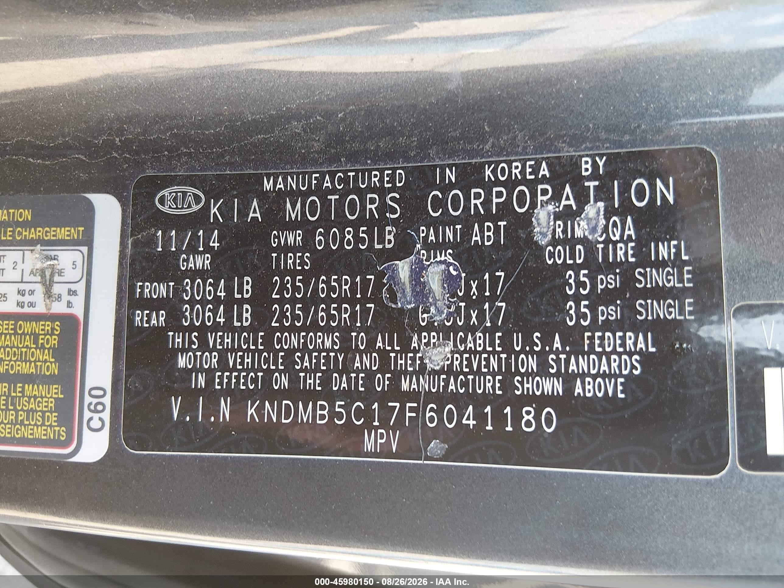 2015 Kia Sedona Lx Gray vin: KNDMB5C17F6041180