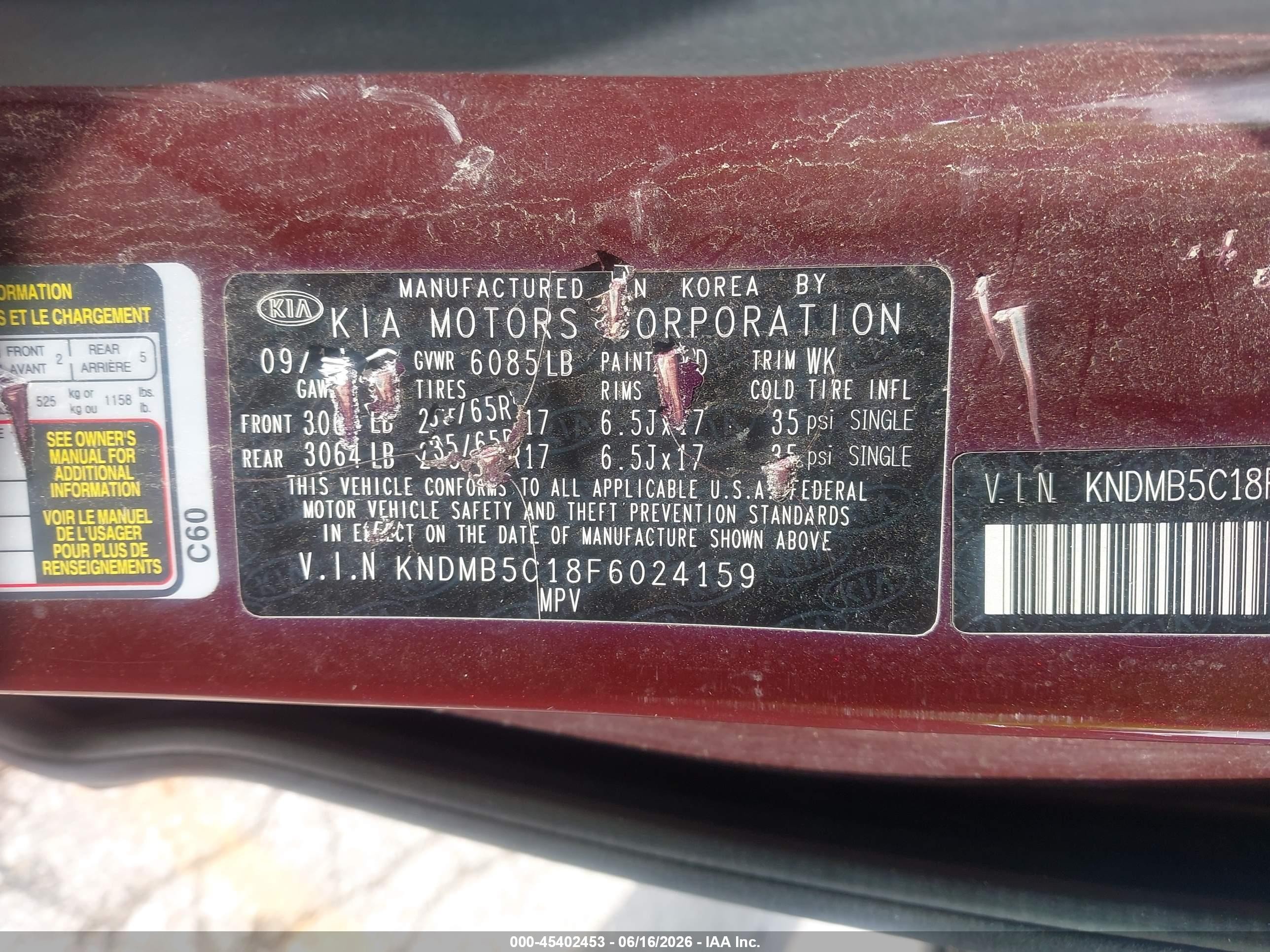 2015 Kia Sedona Lx Maroon vin: KNDMB5C18F6024159
