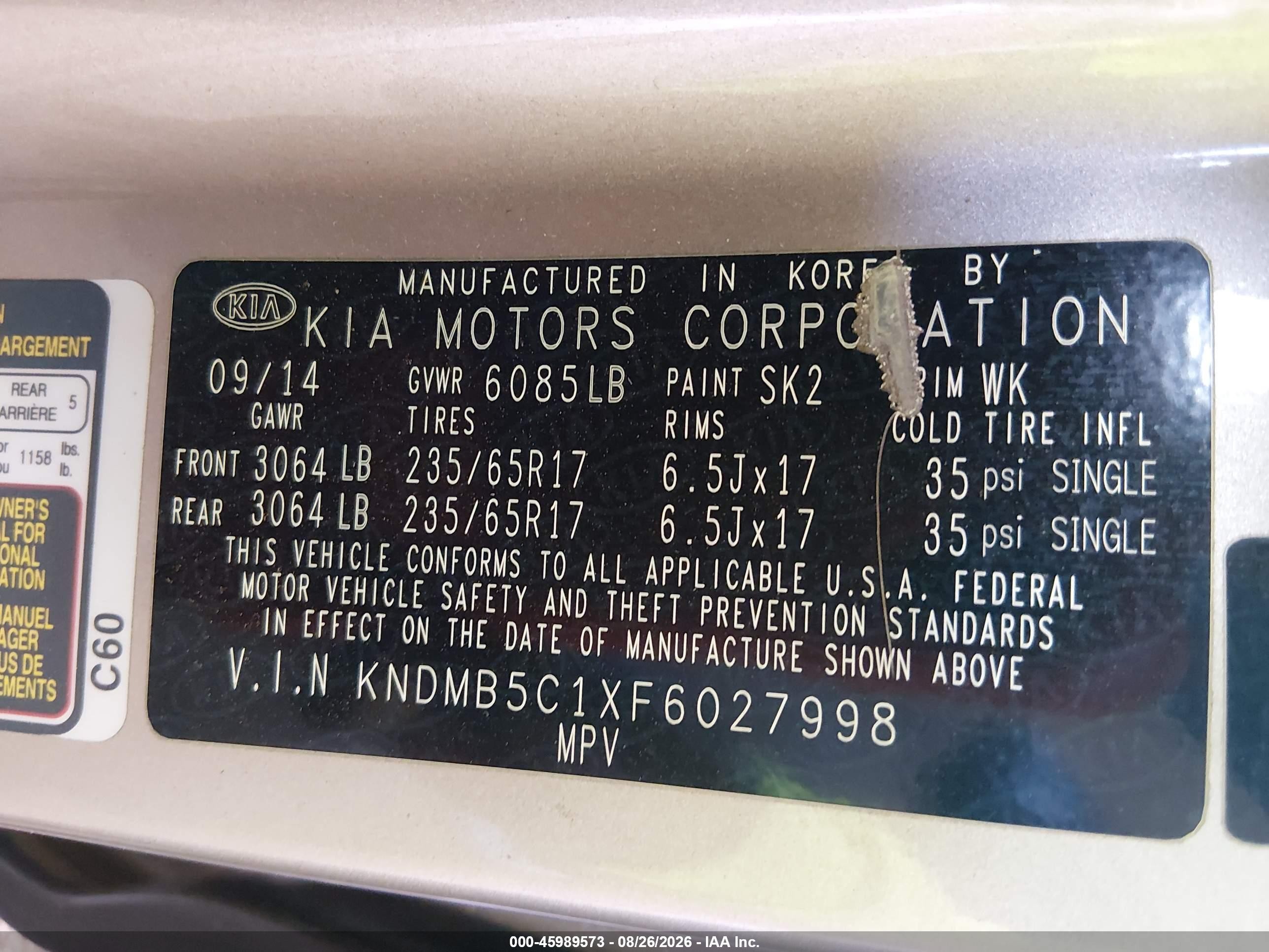 2015 Kia Sedona Lx Beige vin: KNDMB5C1XF6027998