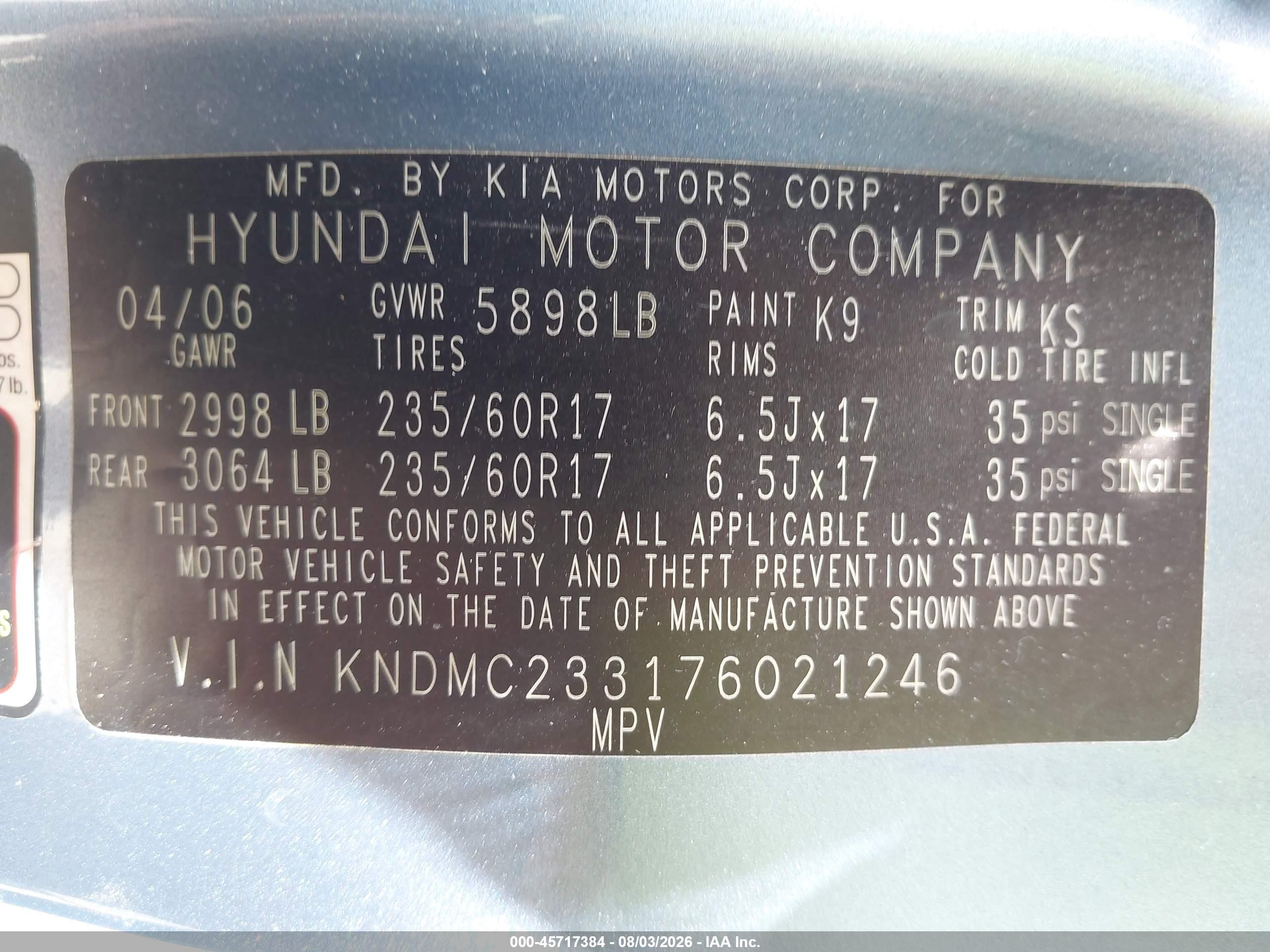 2007 Hyundai Entourage Gls/limited/se Light Blue vin: KNDMC233176021246