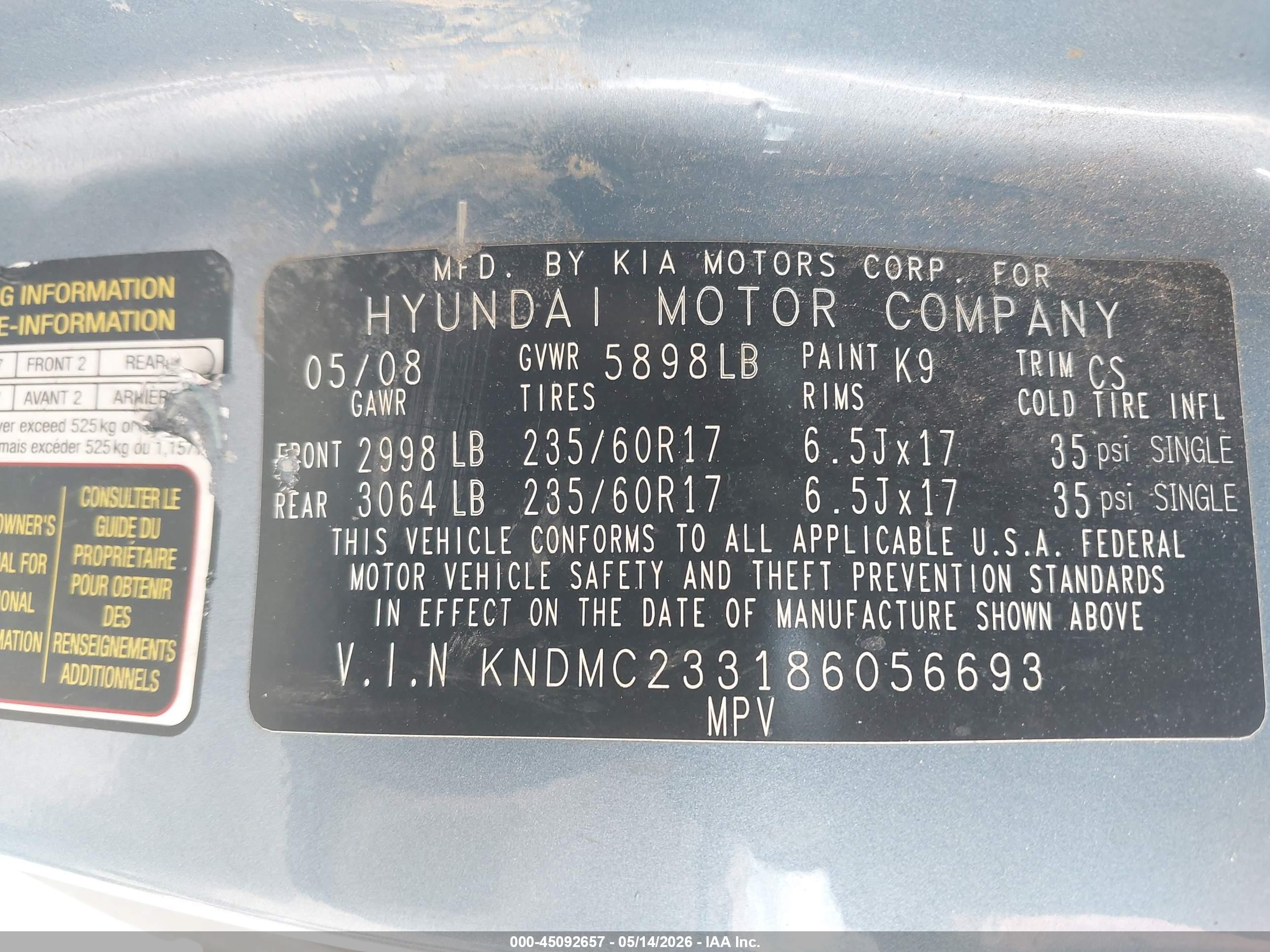 2008 Hyundai Entourage Gls/limited Light Blue vin: KNDMC233186056693