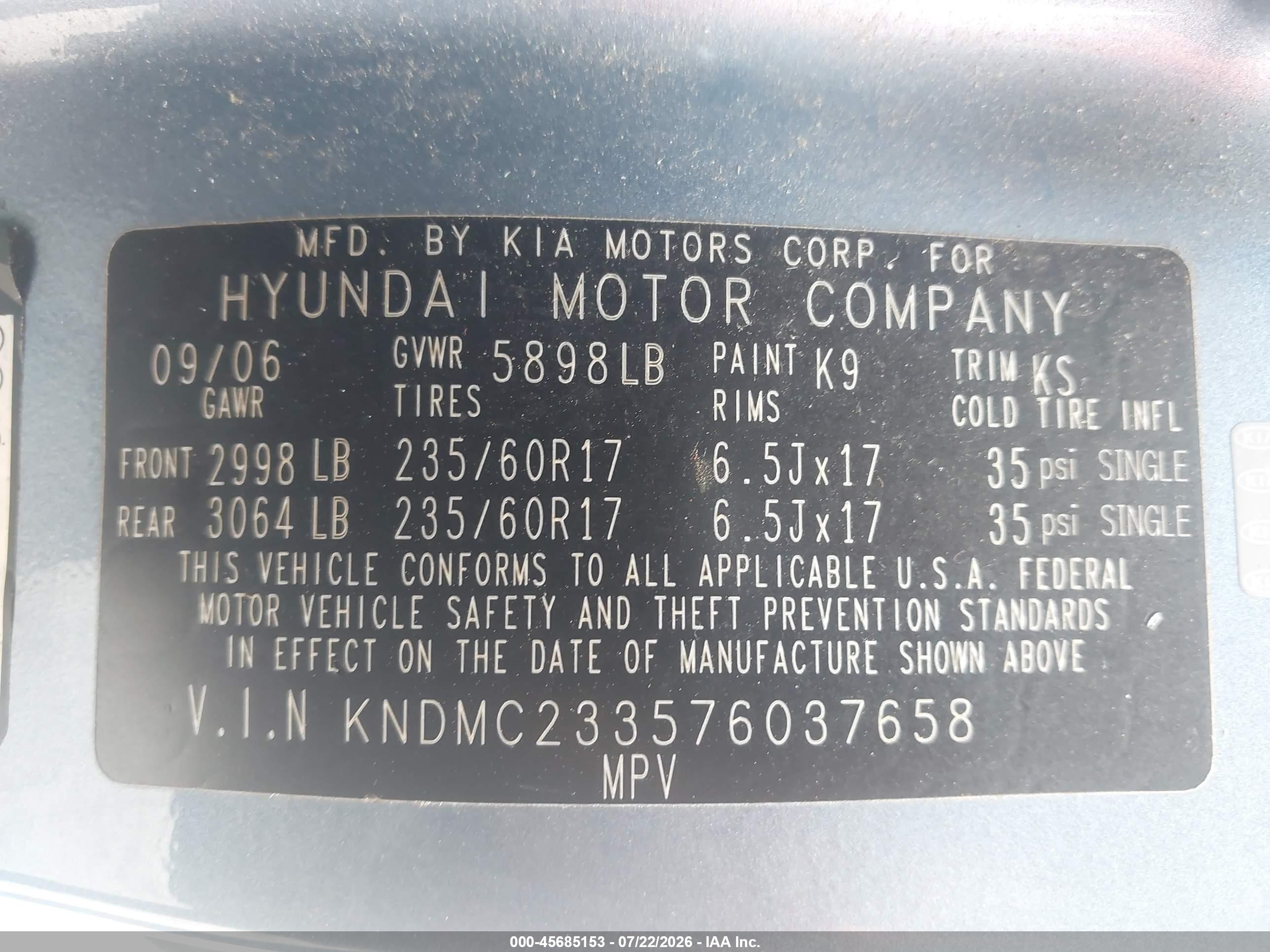 2007 Hyundai Entourage Gls/limited/se Blue vin: KNDMC233576037658