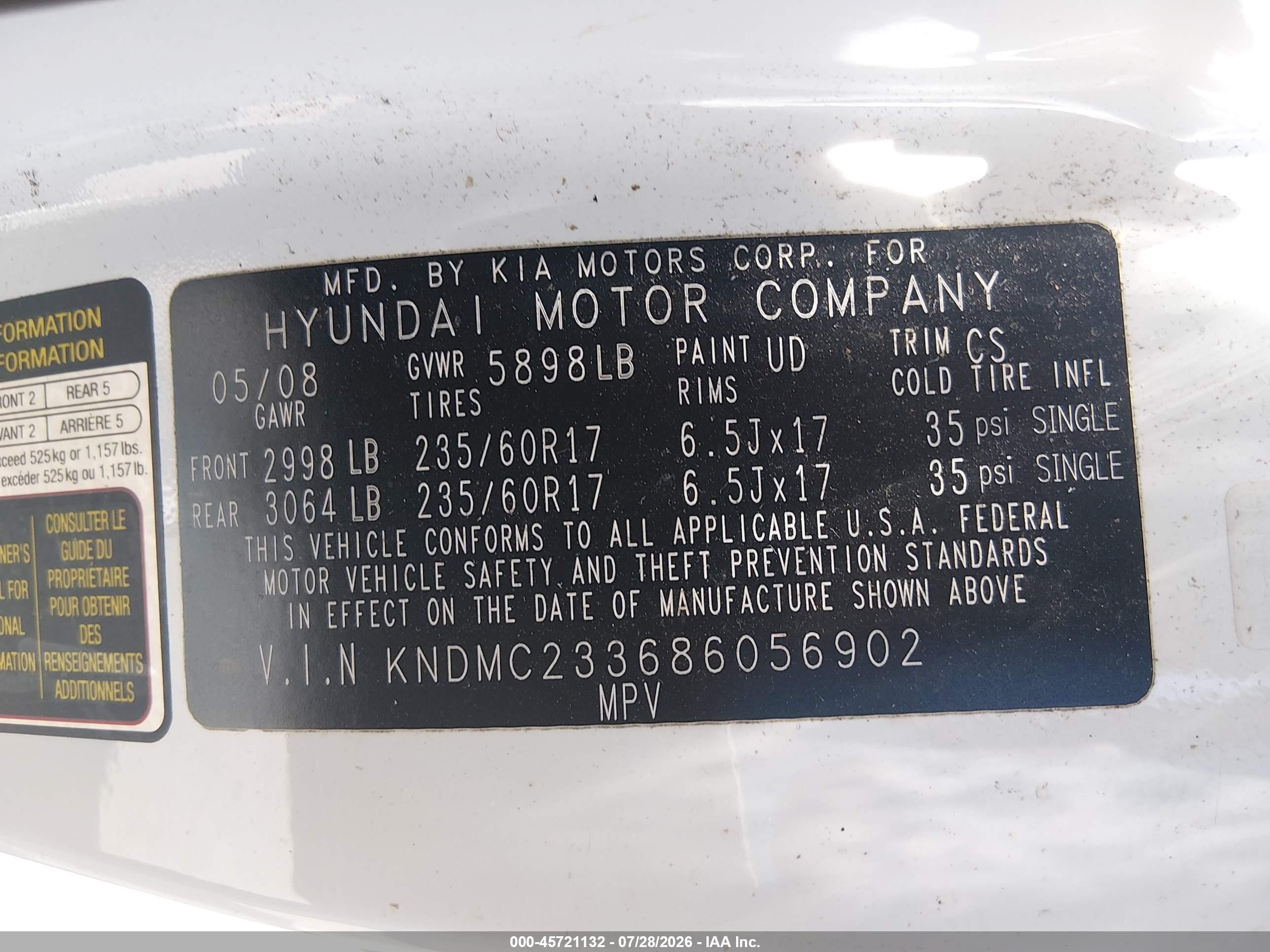 2008 Hyundai Entourage Gls/limited White vin: KNDMC233686056902