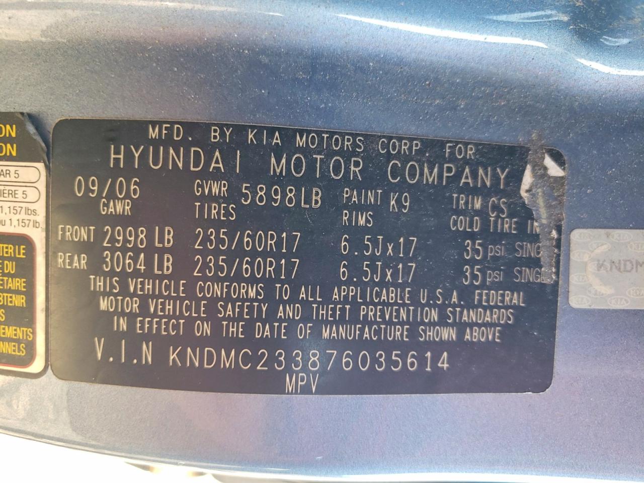 2007 Hyundai Entourage Gls Blue vin: KNDMC233876035614