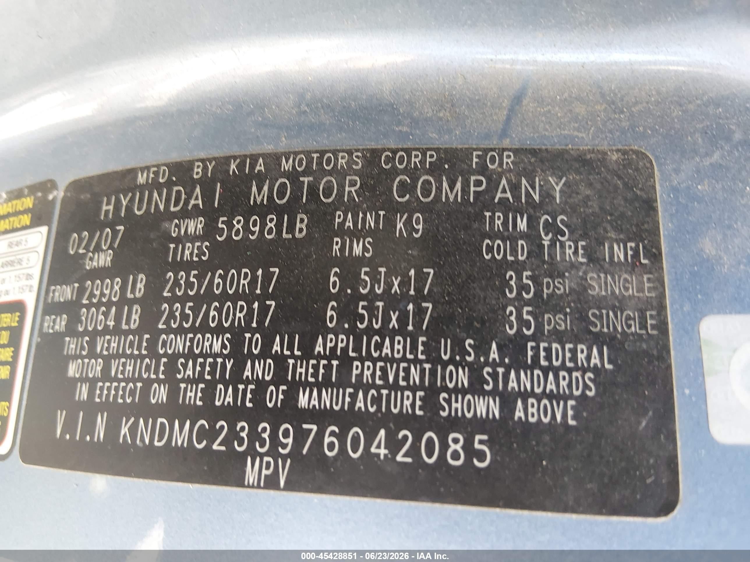 2007 Hyundai Entourage Gls/limited/se Blue vin: KNDMC233976042085