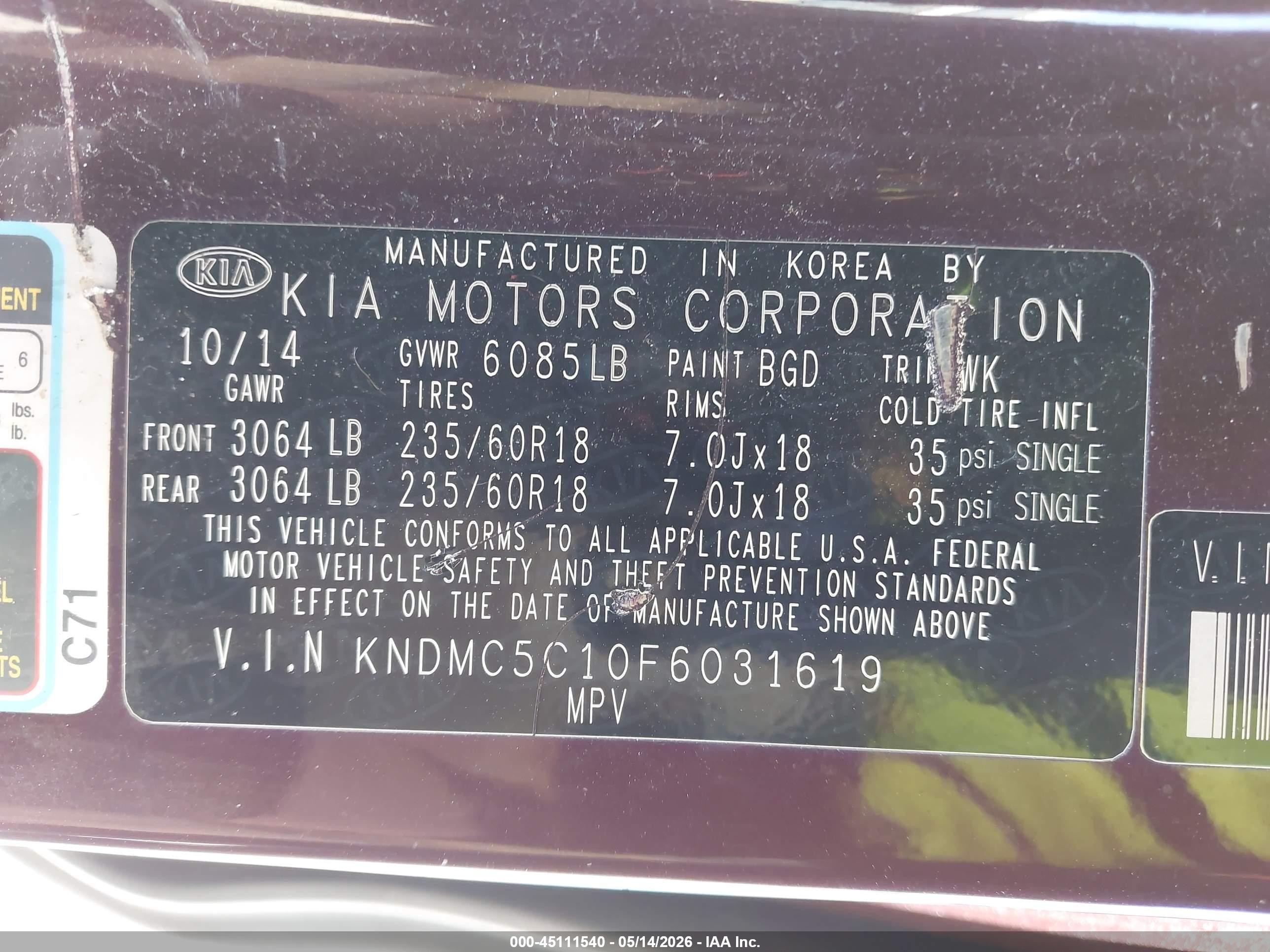 2015 Kia Sedona Ex Burgundy vin: KNDMC5C10F6031619
