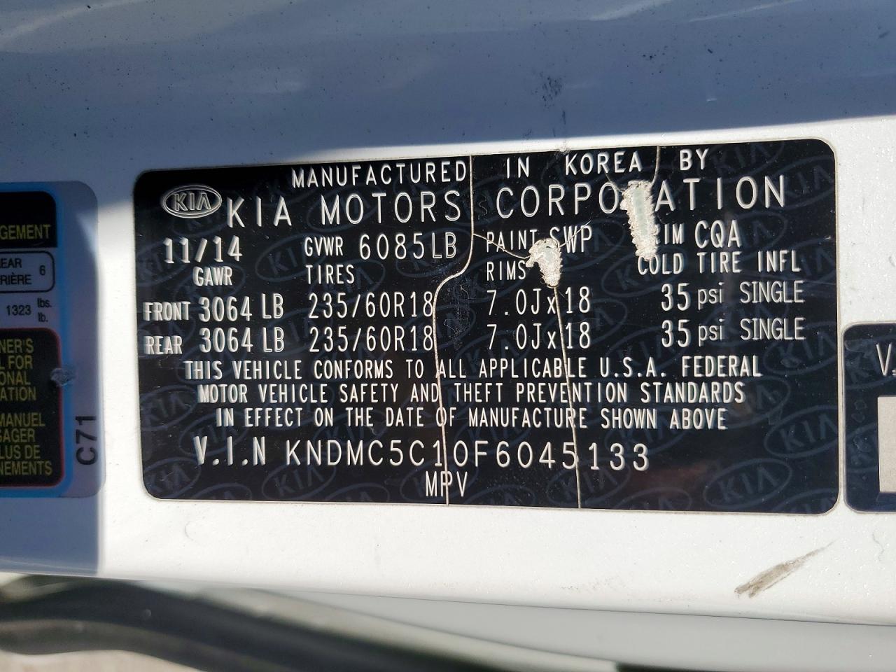 2015 Kia Sedona Ex Белый vin: KNDMC5C10F6045133