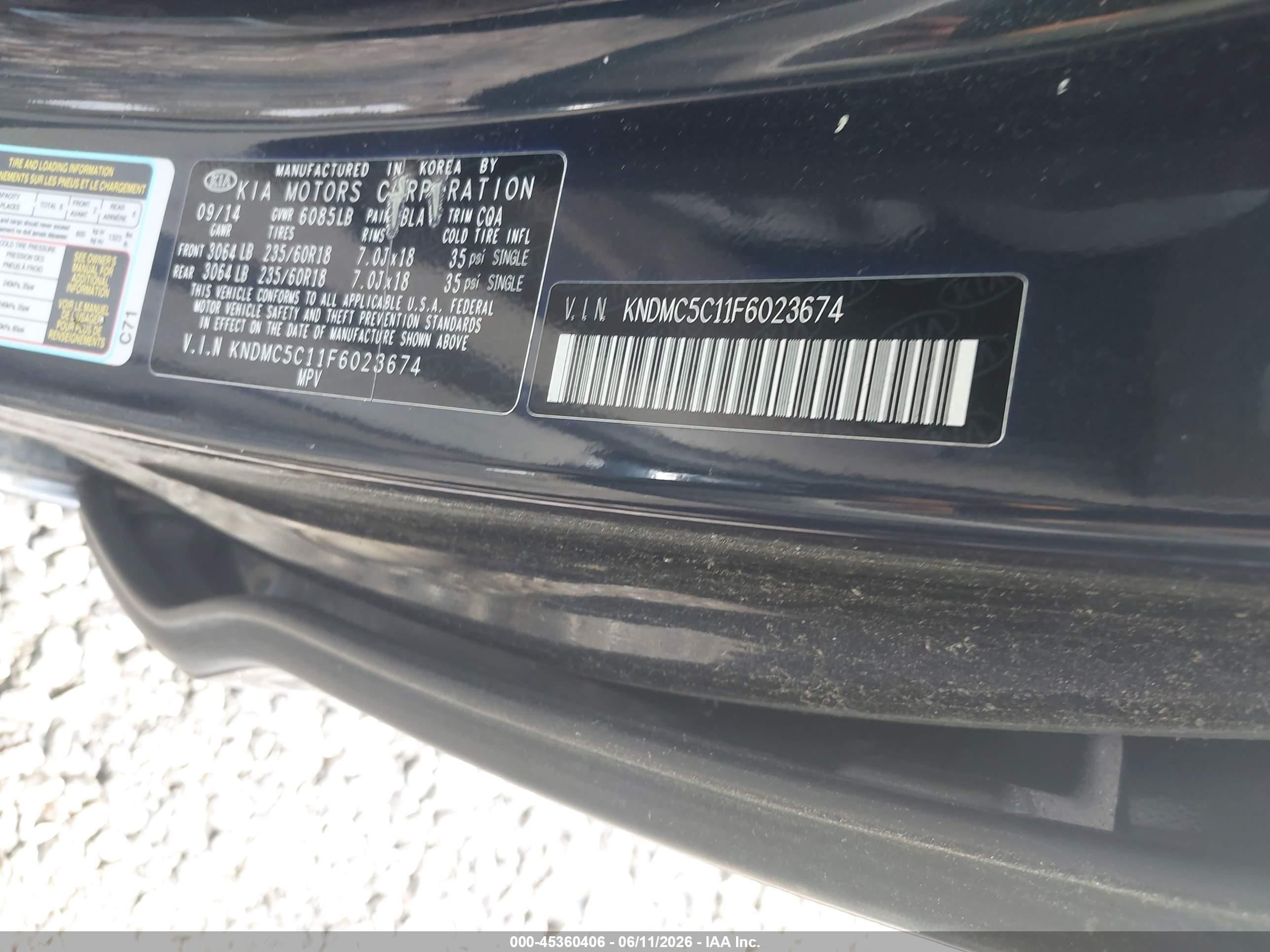 2015 Kia Sedona Ex Blue vin: KNDMC5C11F6023674