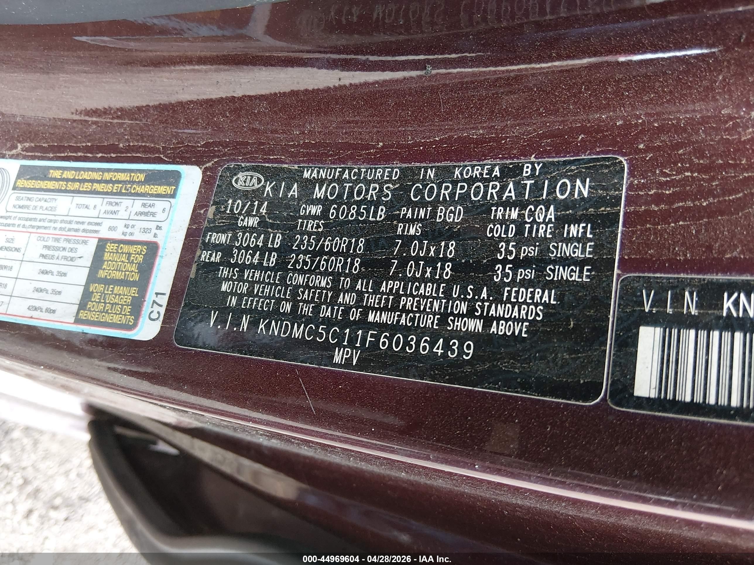 2015 Kia Sedona Ex Burgundy vin: KNDMC5C11F6036439