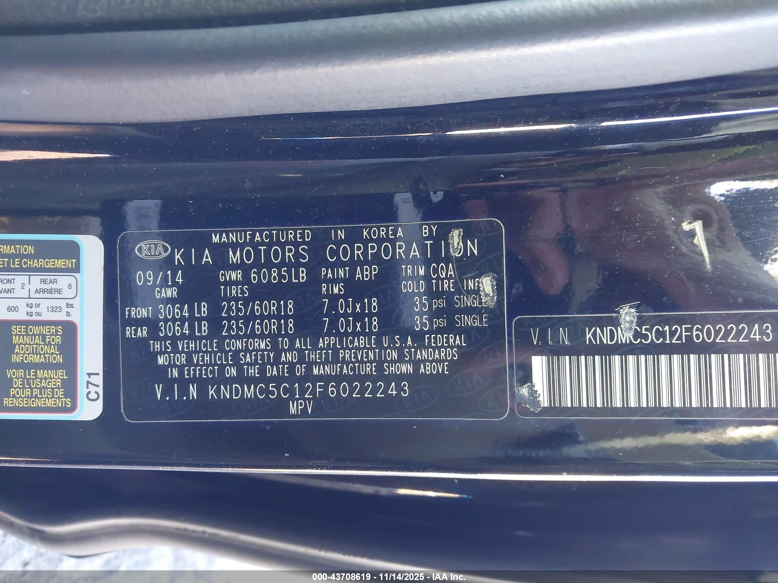 2015 Kia Sedona Ex Black vin: KNDMC5C12F6022243