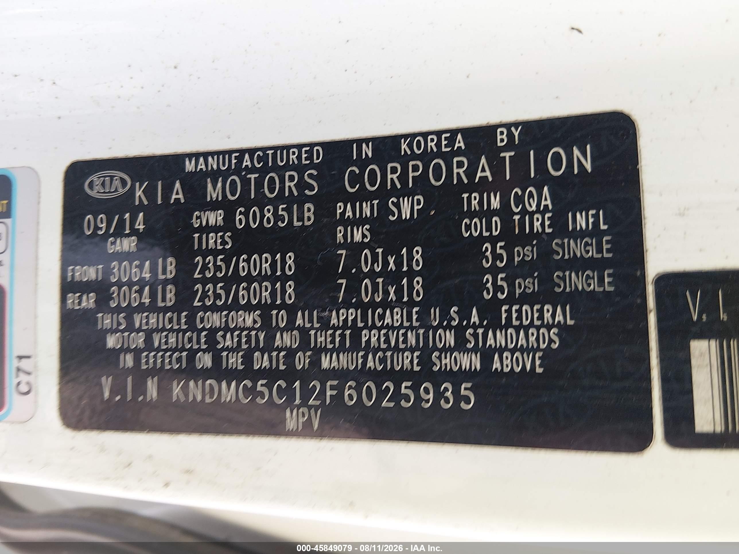 2015 Kia Sedona Ex White vin: KNDMC5C12F6025935
