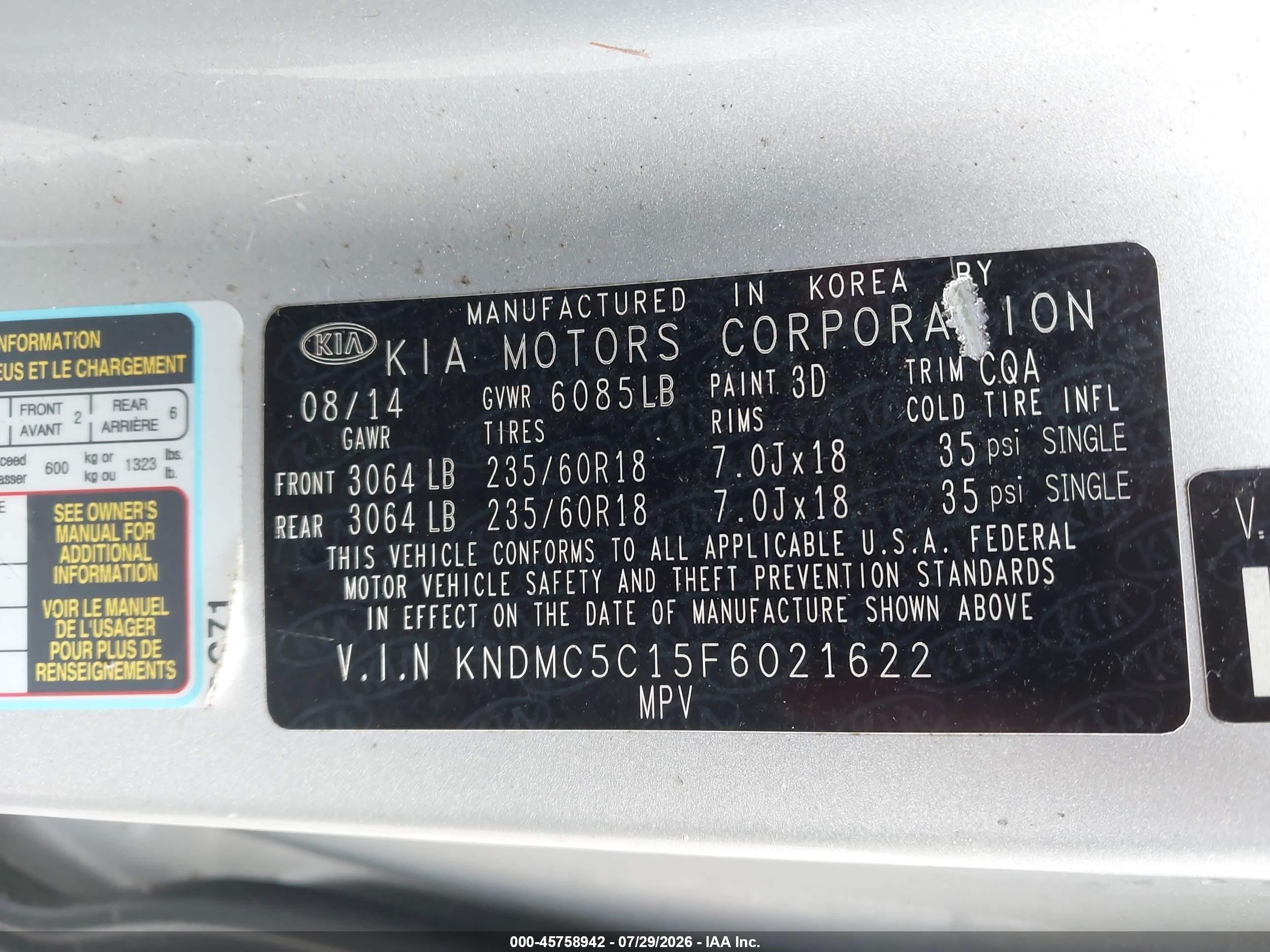 2015 Kia Sedona Ex Silver vin: KNDMC5C15F6021622