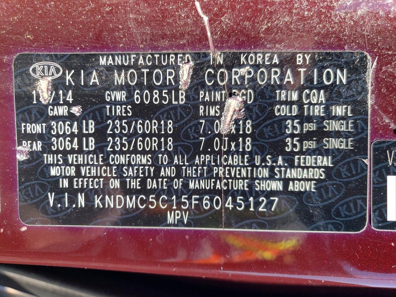 2015 Kia Sedona Ex Burgundy vin: KNDMC5C15F6045127