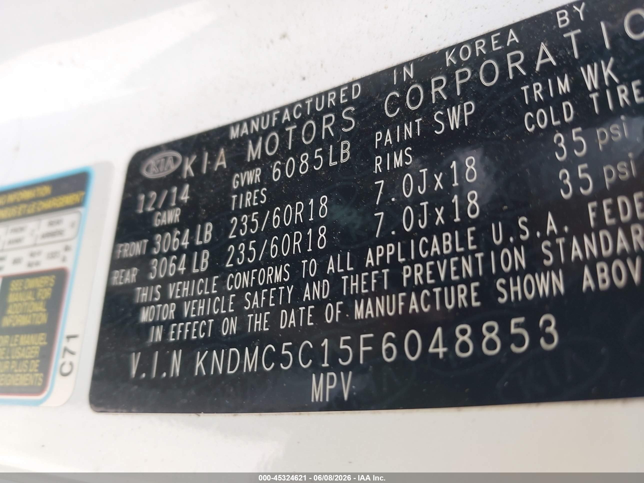 2015 Kia Sedona Ex White vin: KNDMC5C15F6048853