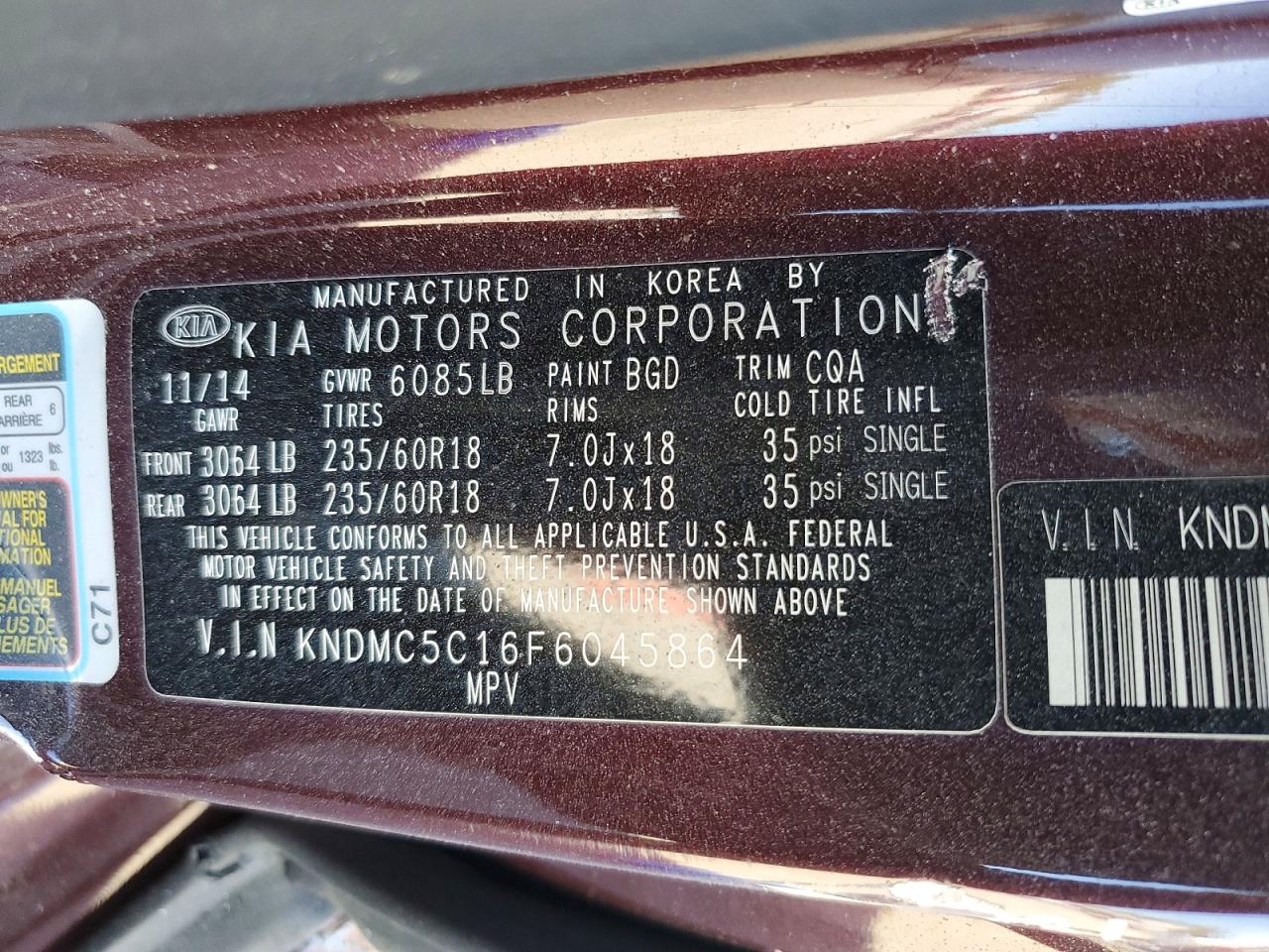 2015 Kia Sedona Ex Burgundy vin: KNDMC5C16F6045864