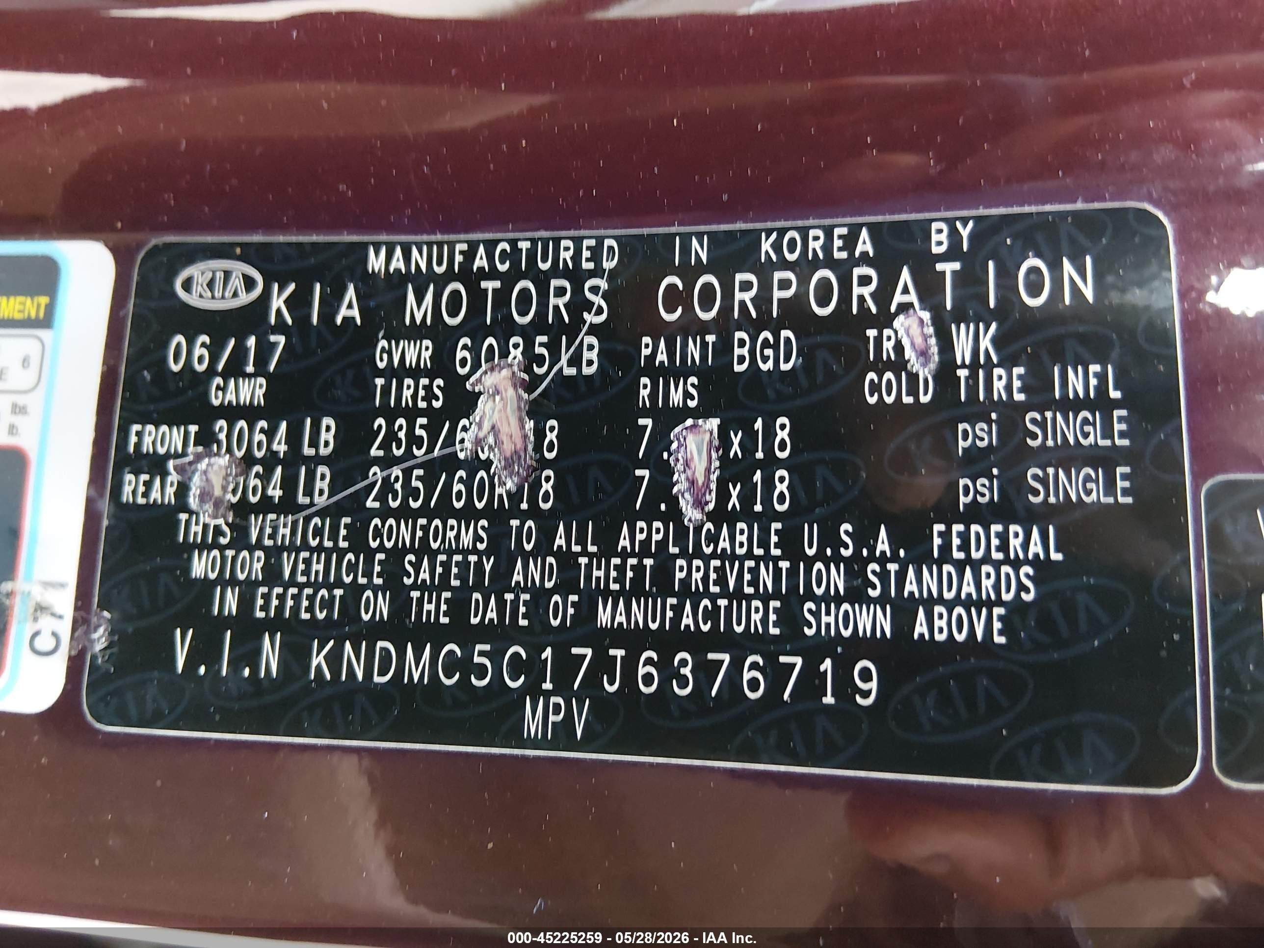 2018 Kia Sedona Ex Burgundy vin: KNDMC5C17J6376719