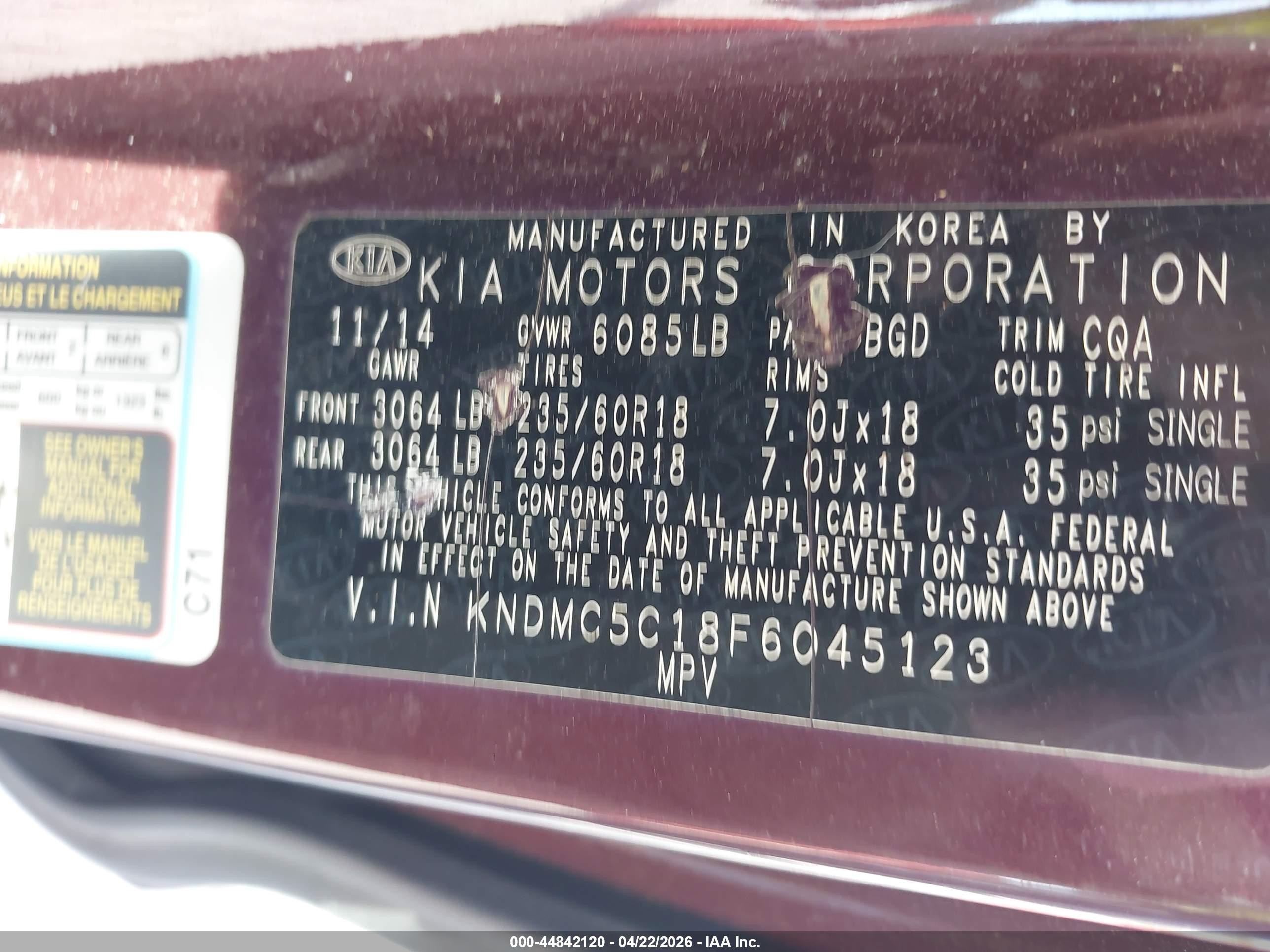 2015 Kia Sedona Ex Burgundy vin: KNDMC5C18F6045123