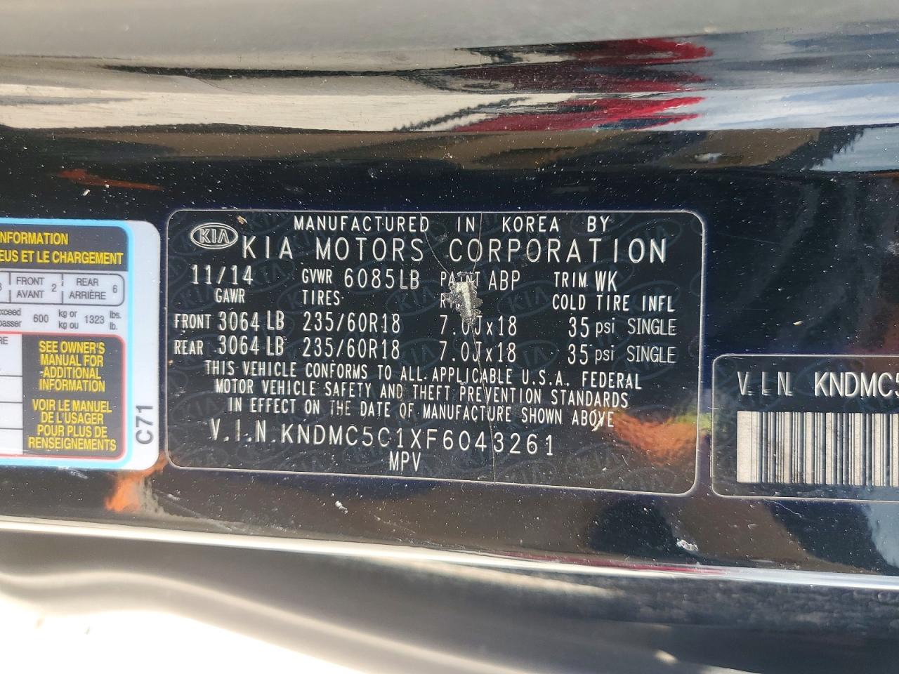 2015 Kia Sedona Ex Black vin: KNDMC5C1XF6043261
