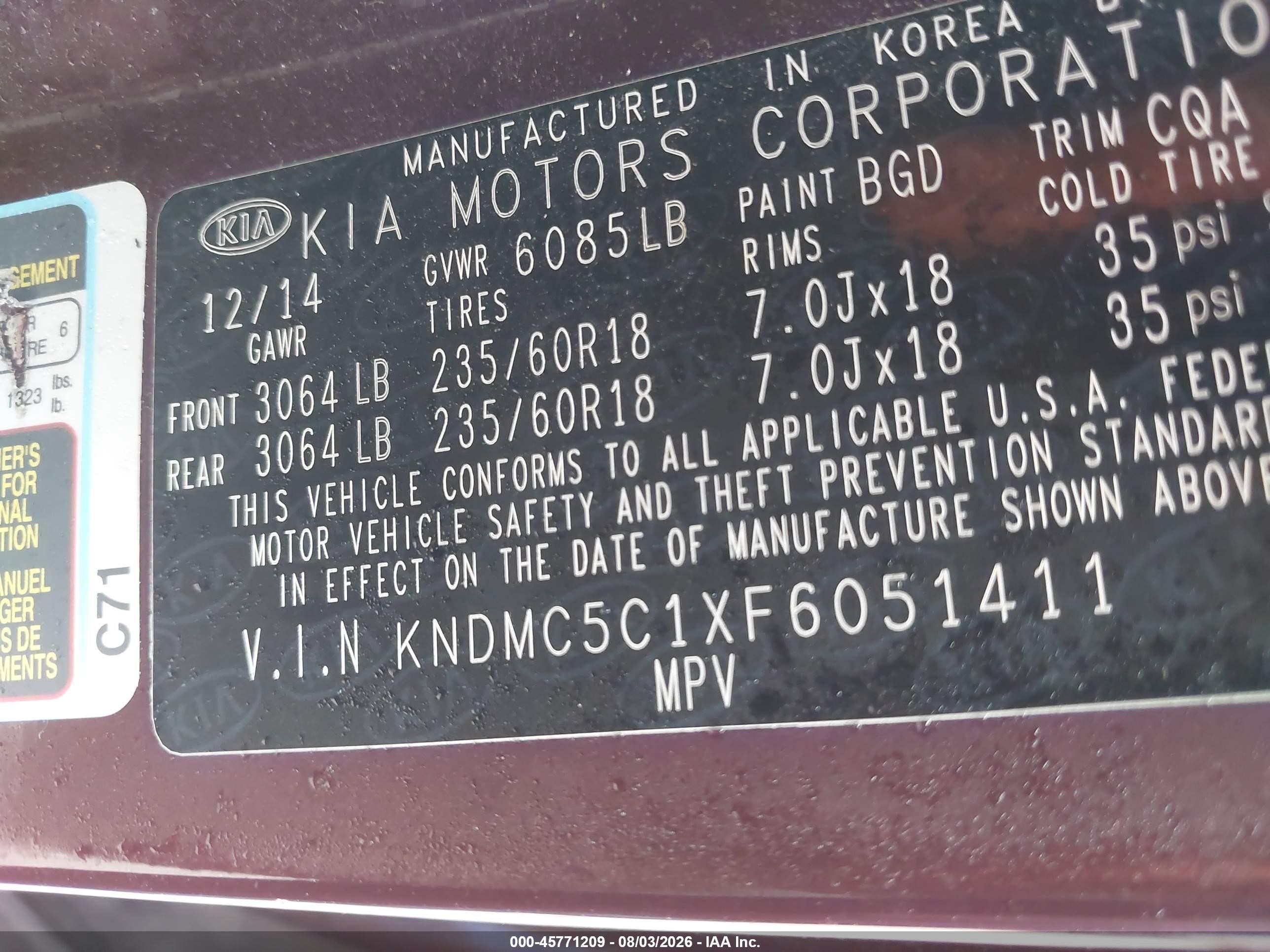2015 Kia Sedona Ex Red vin: KNDMC5C1XF6051411