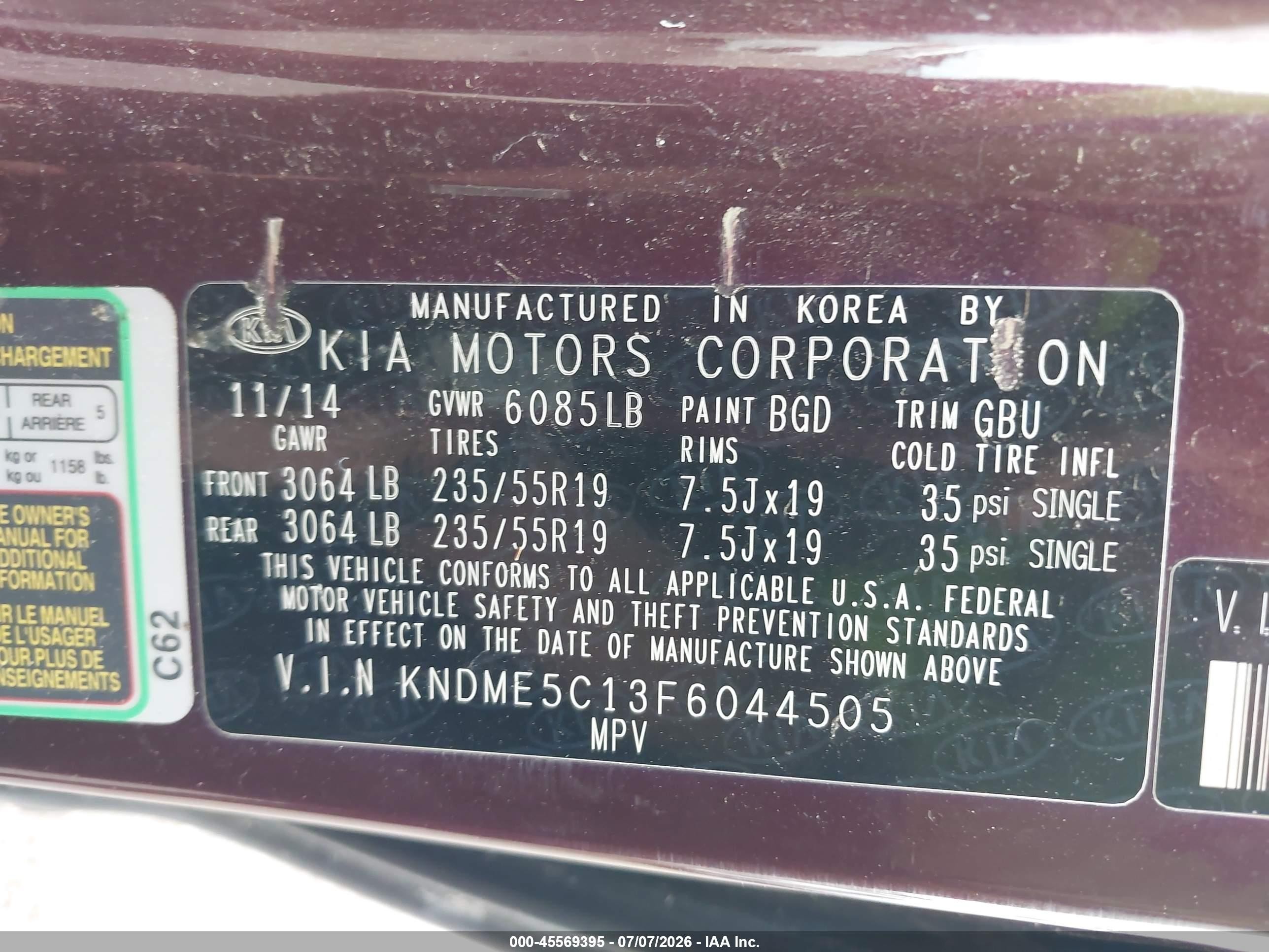 2015 Kia Sedona Sx Luxury Burgundy vin: KNDME5C13F6044505