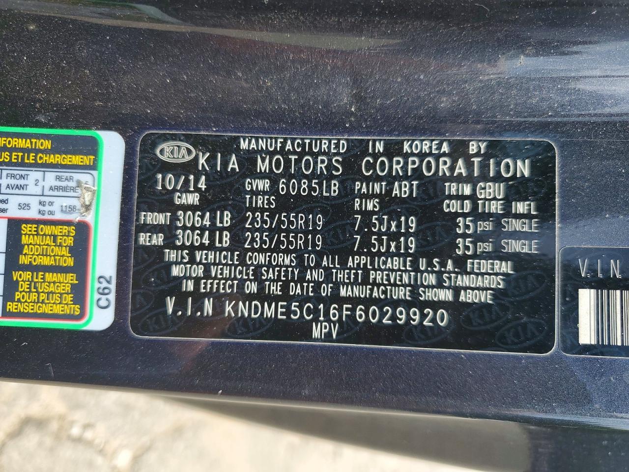 2015 Kia Sedona Sxl Charcoal vin: KNDME5C16F6029920