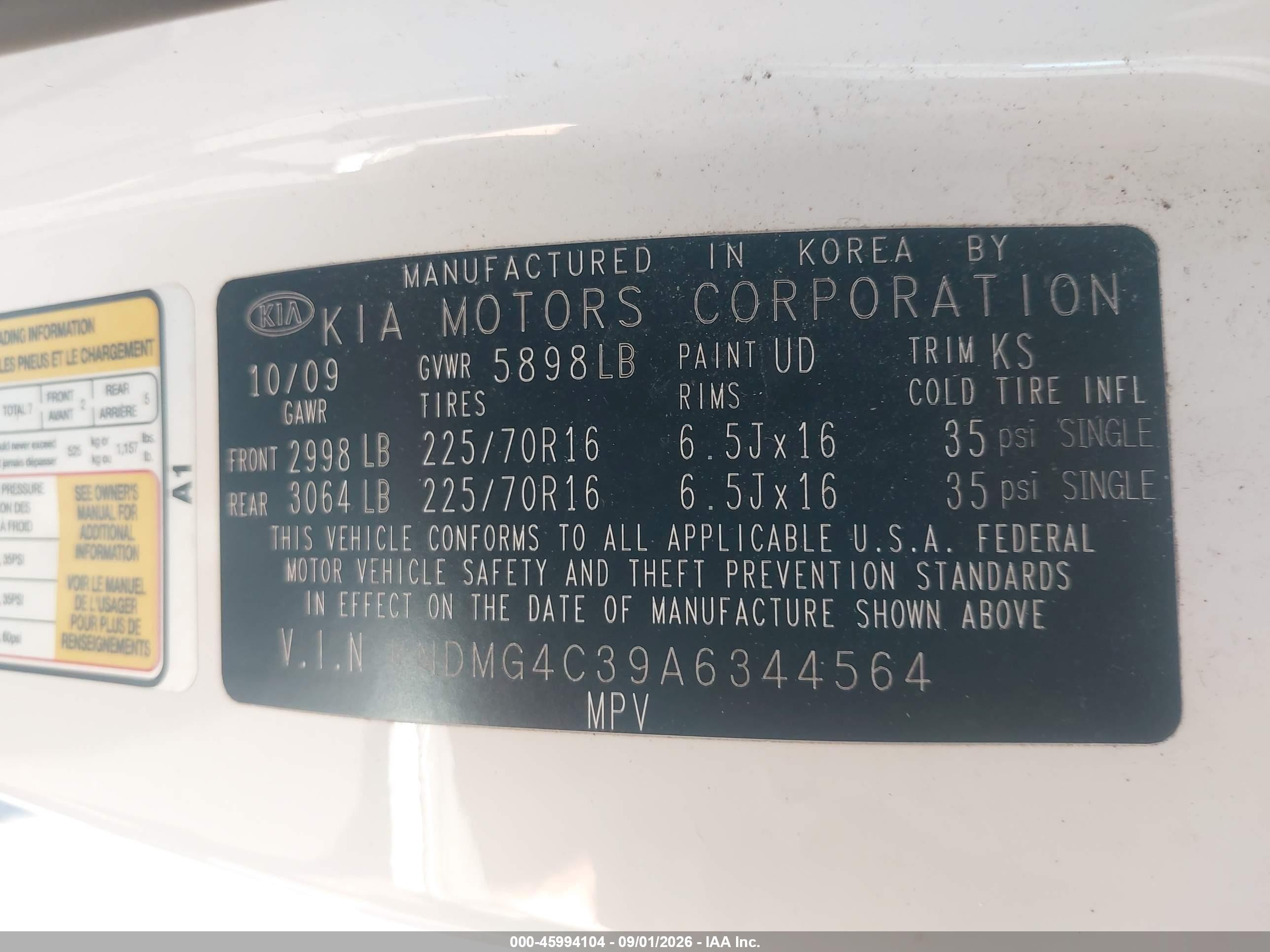 2010 Kia Sedona Lx White vin: KNDMG4C39A6344564
