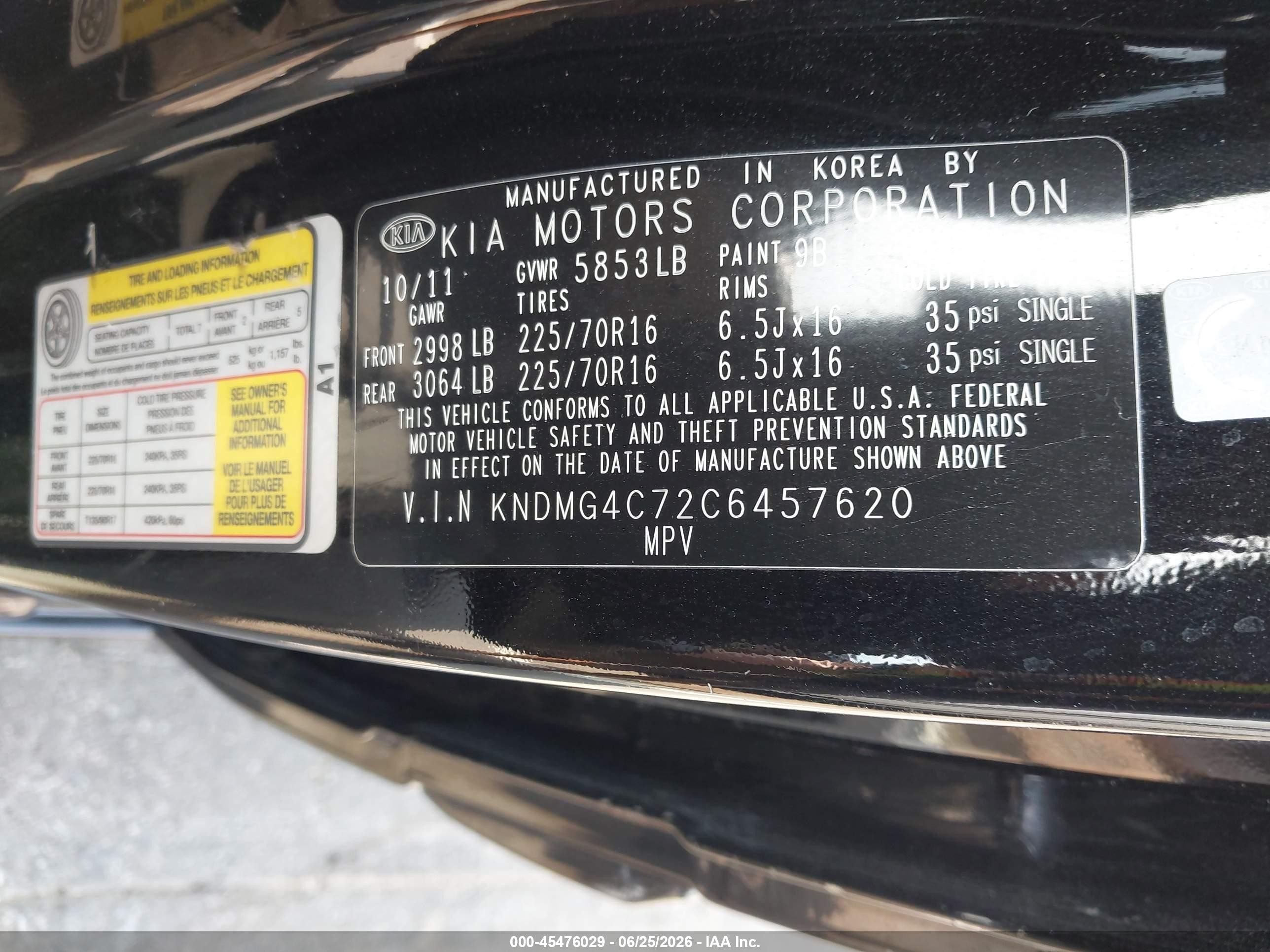 2012 Kia Sedona Lx Black vin: KNDMG4C72C6457620