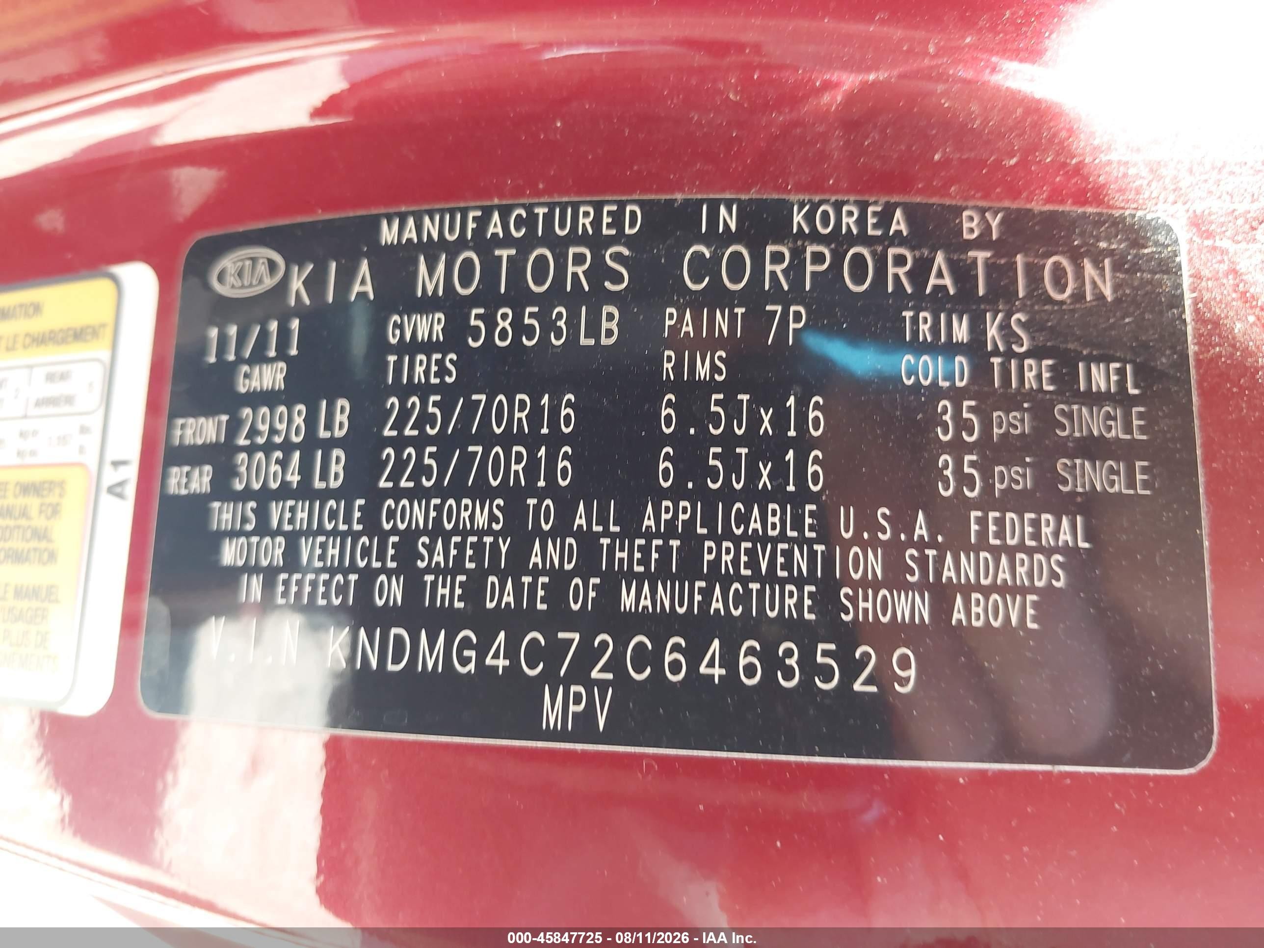2012 Kia Sedona Lx Красный vin: KNDMG4C72C6463529