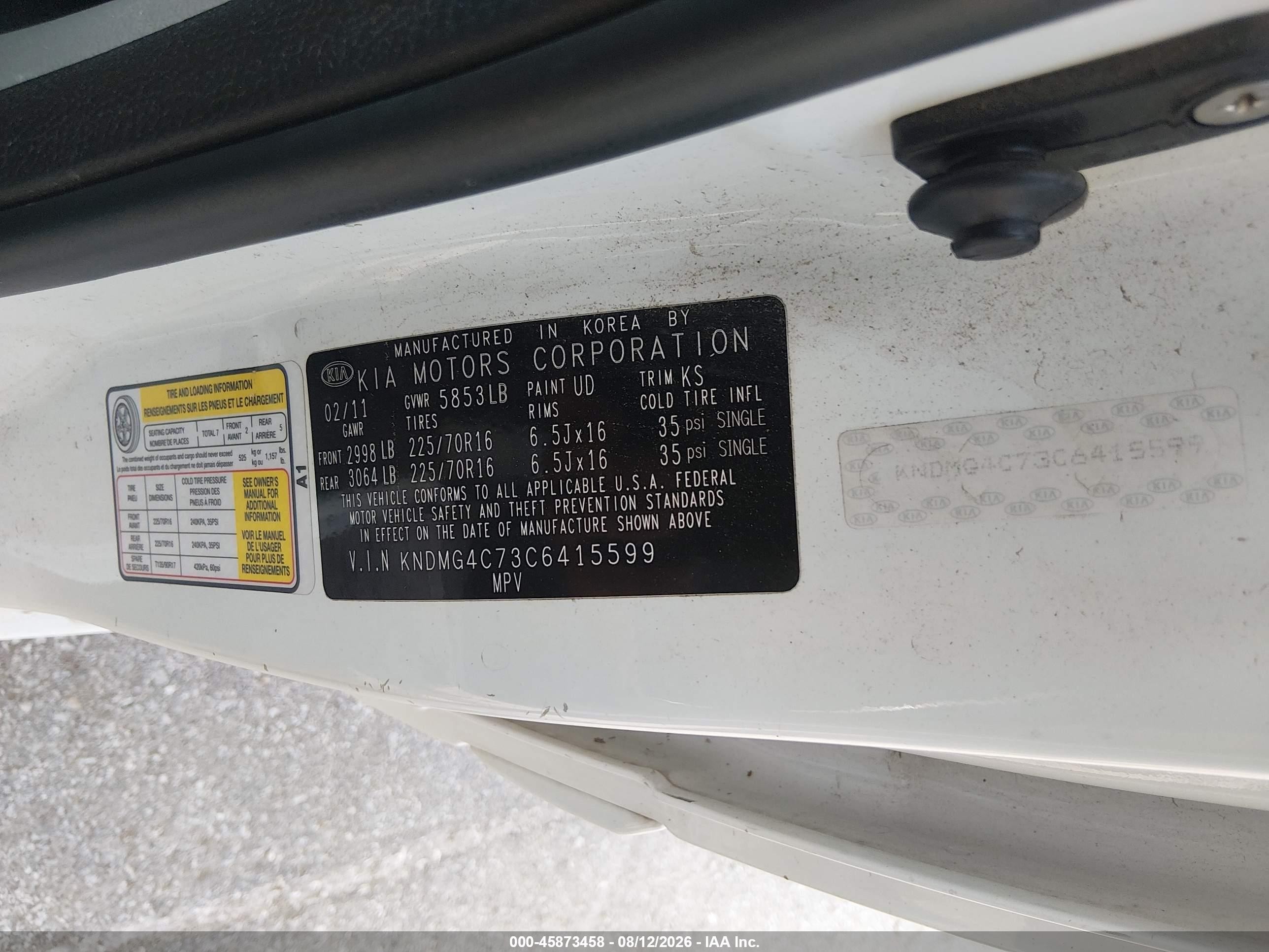 2012 Kia Sedona Lx White vin: KNDMG4C73C6415599