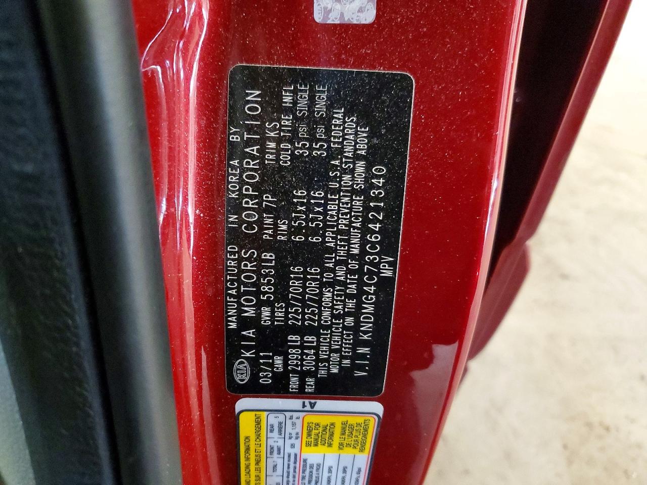 2012 Kia Sedona Lx Red vin: KNDMG4C73C6421340
