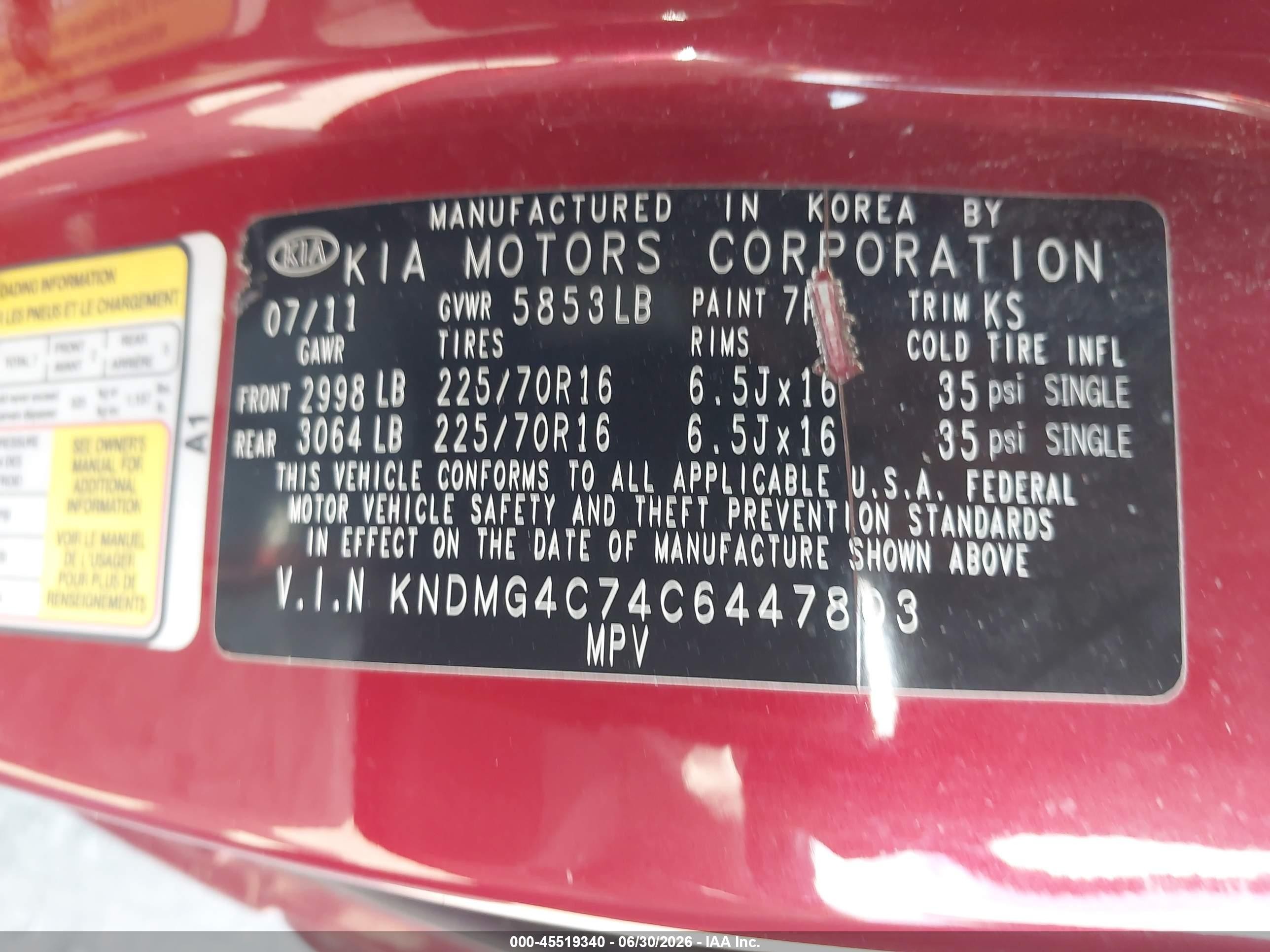 2012 Kia Sedona Lx Red vin: KNDMG4C74C6447803