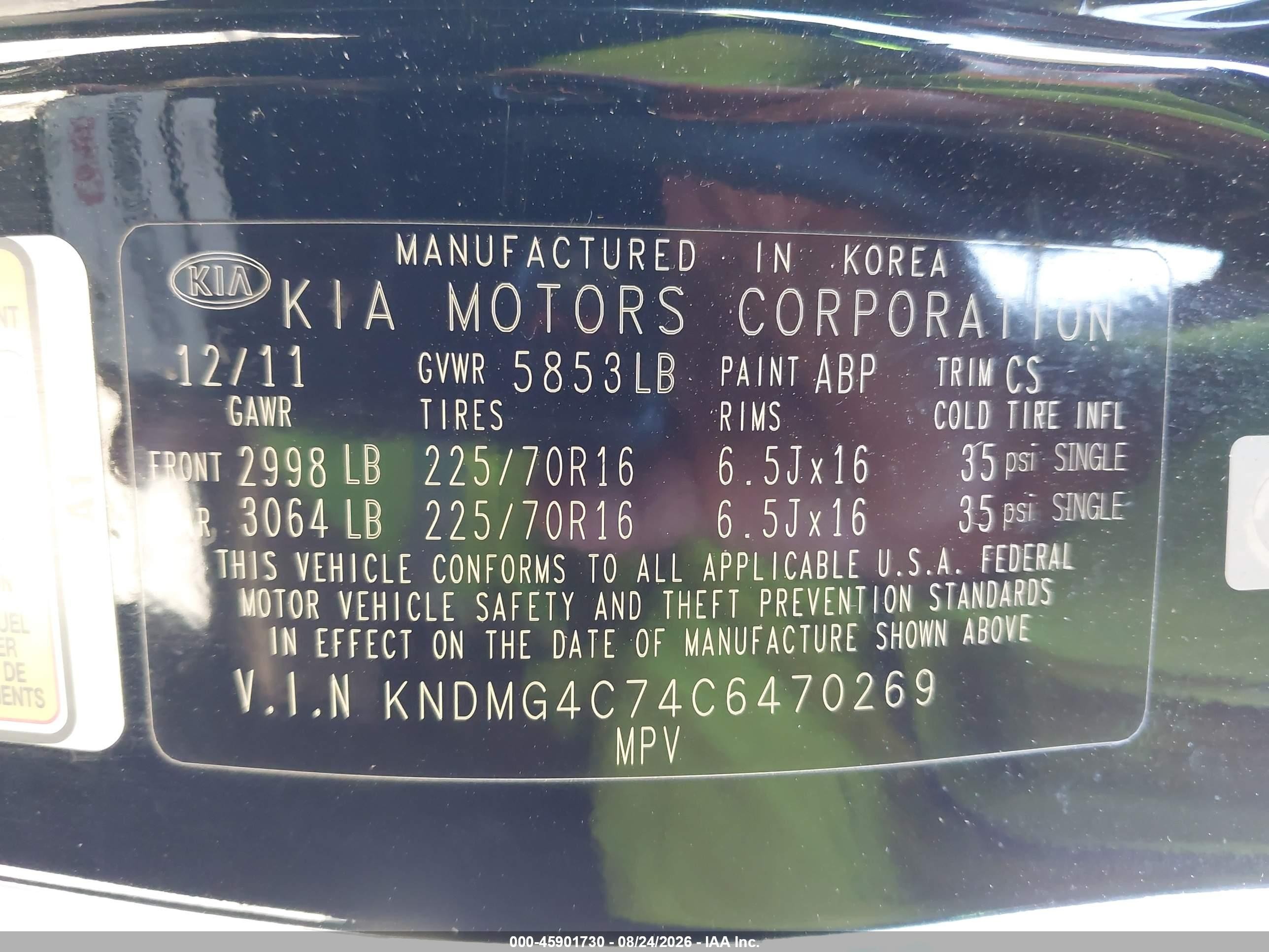 2012 Kia Sedona Lx Black vin: KNDMG4C74C6470269