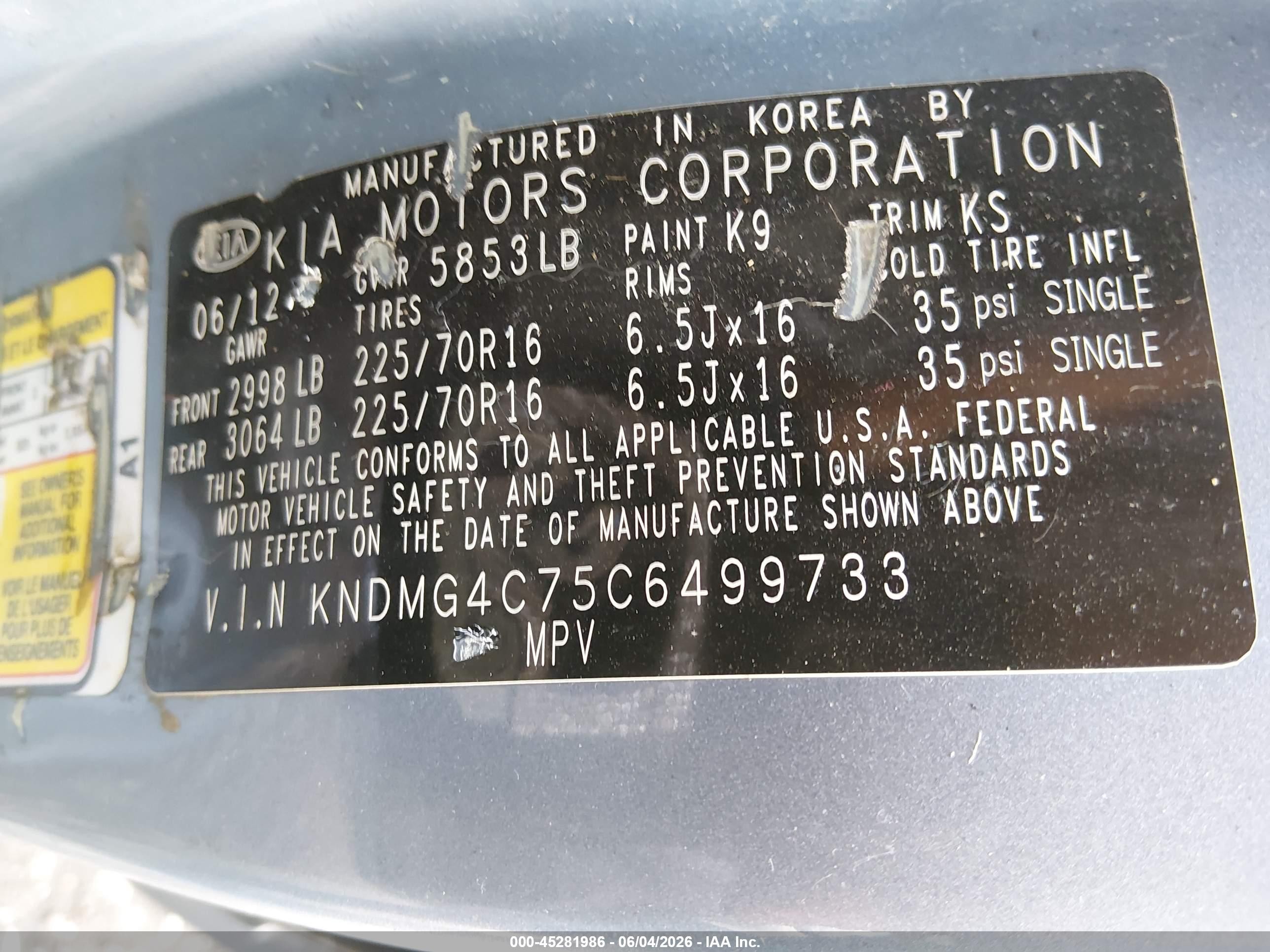 2012 Kia Sedona Lx Light Blue vin: KNDMG4C75C6499733