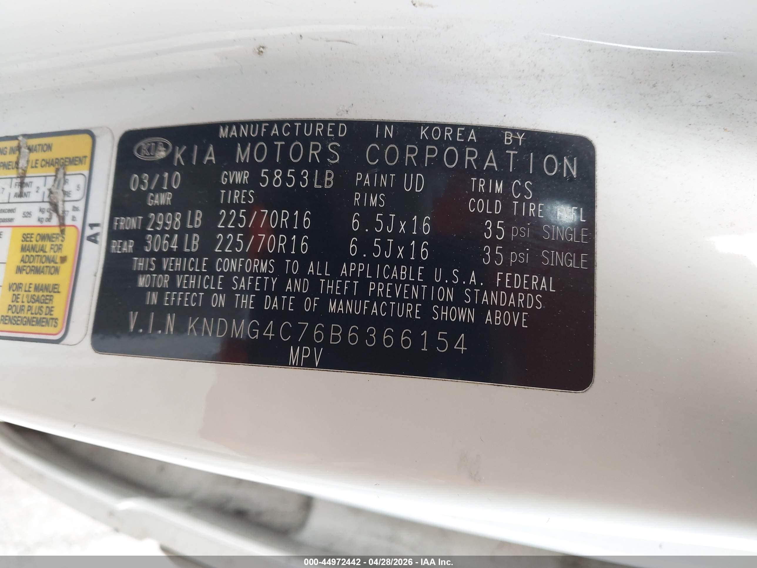 2011 Kia Sedona Lx White vin: KNDMG4C76B6366154
