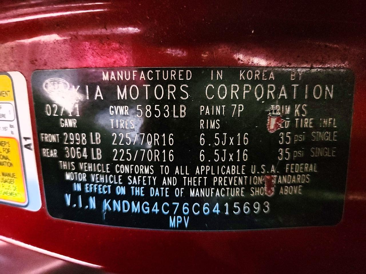 2012 Kia Sedona Red vin: KNDMG4C76C6415693